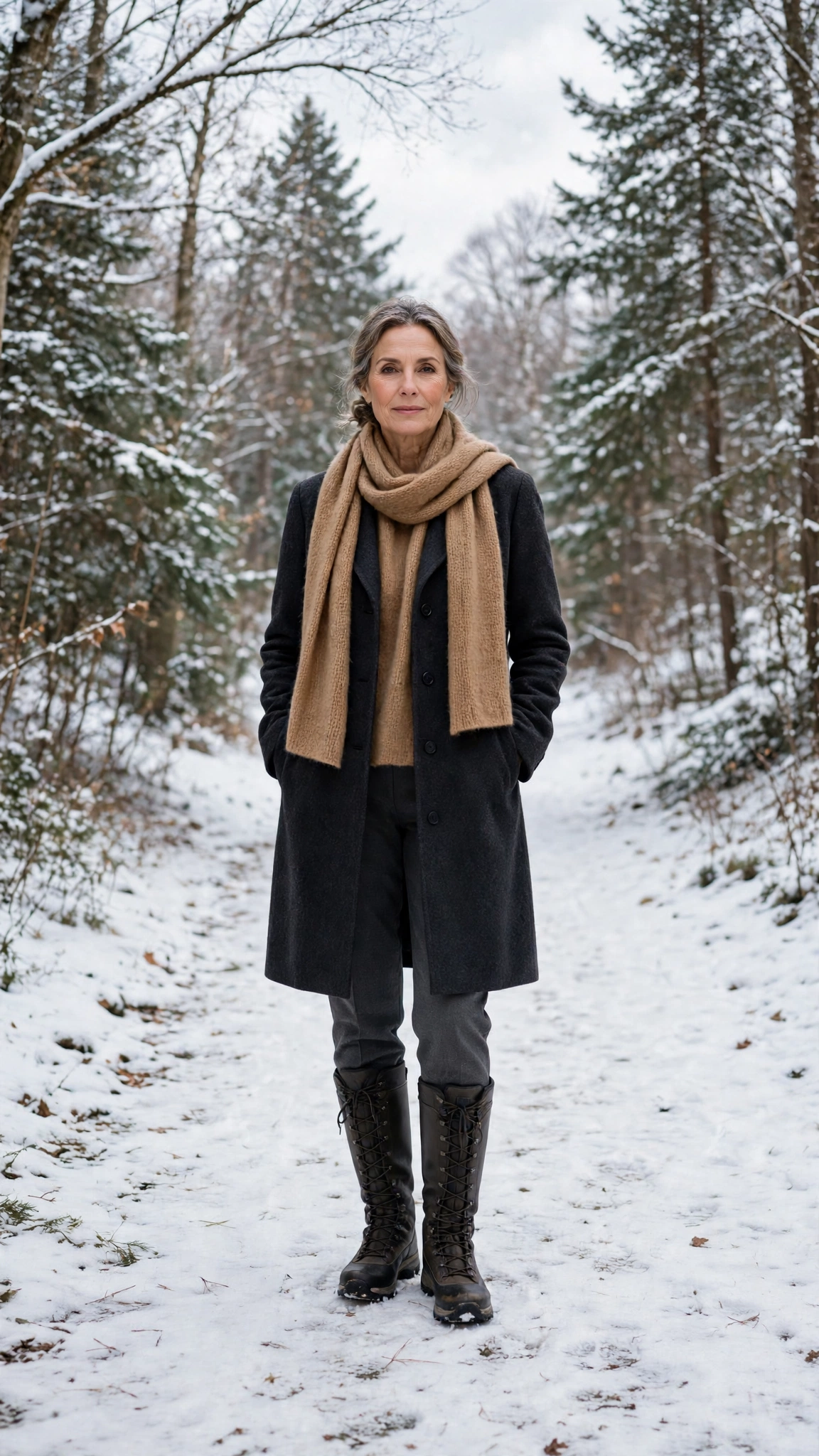 40 Women over 50 scarf and coat layering outfits for snowy walks That Are Chic, Warm and Elegant 25 Camel scarf with a charcoal coat, charcoal trousers with walking boots and knee-high boots