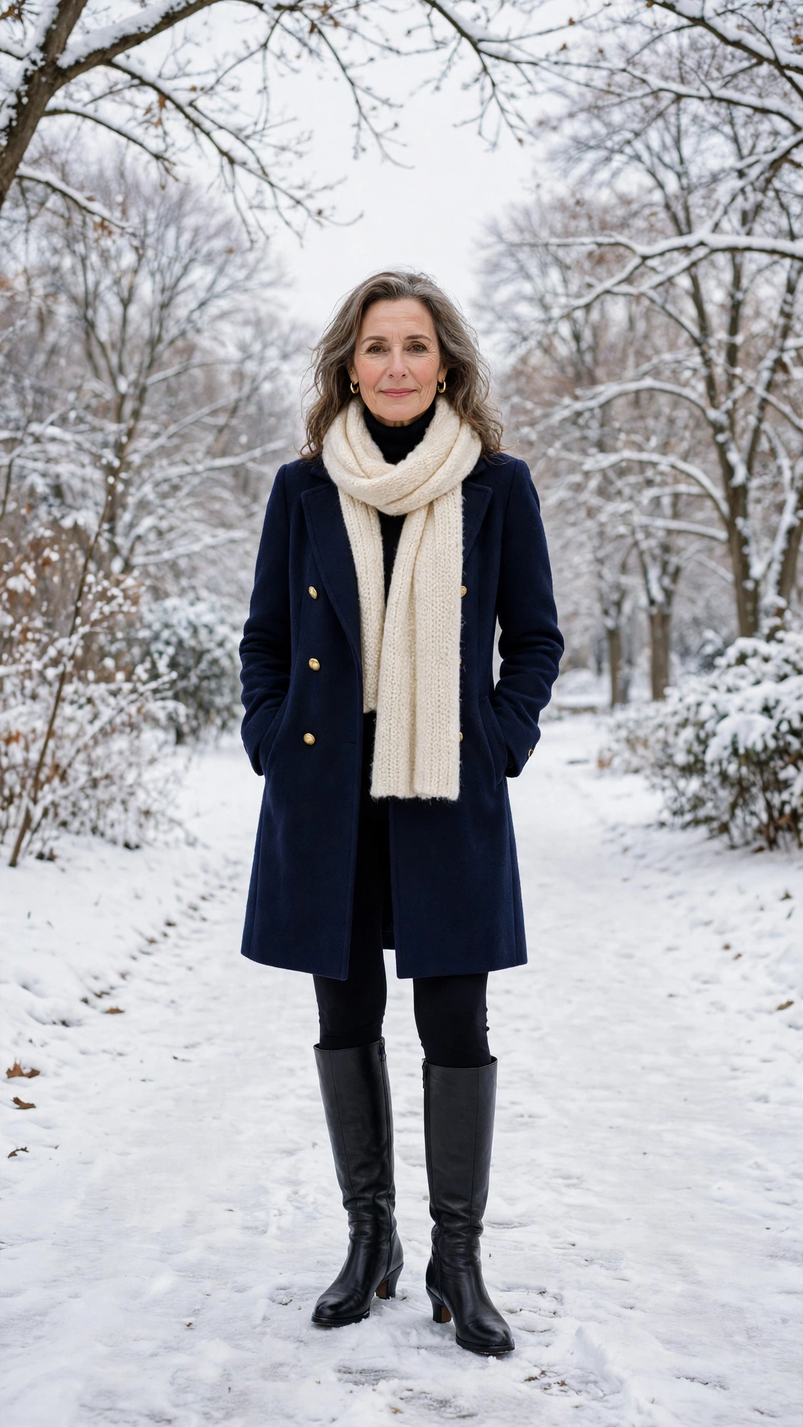 40 Women over 50 scarf and coat layering outfits for snowy walks That Are Chic, Warm and Elegant 26 Cream scarf with a navy coat, black leggings with knee-high boots and low-heeled pumps