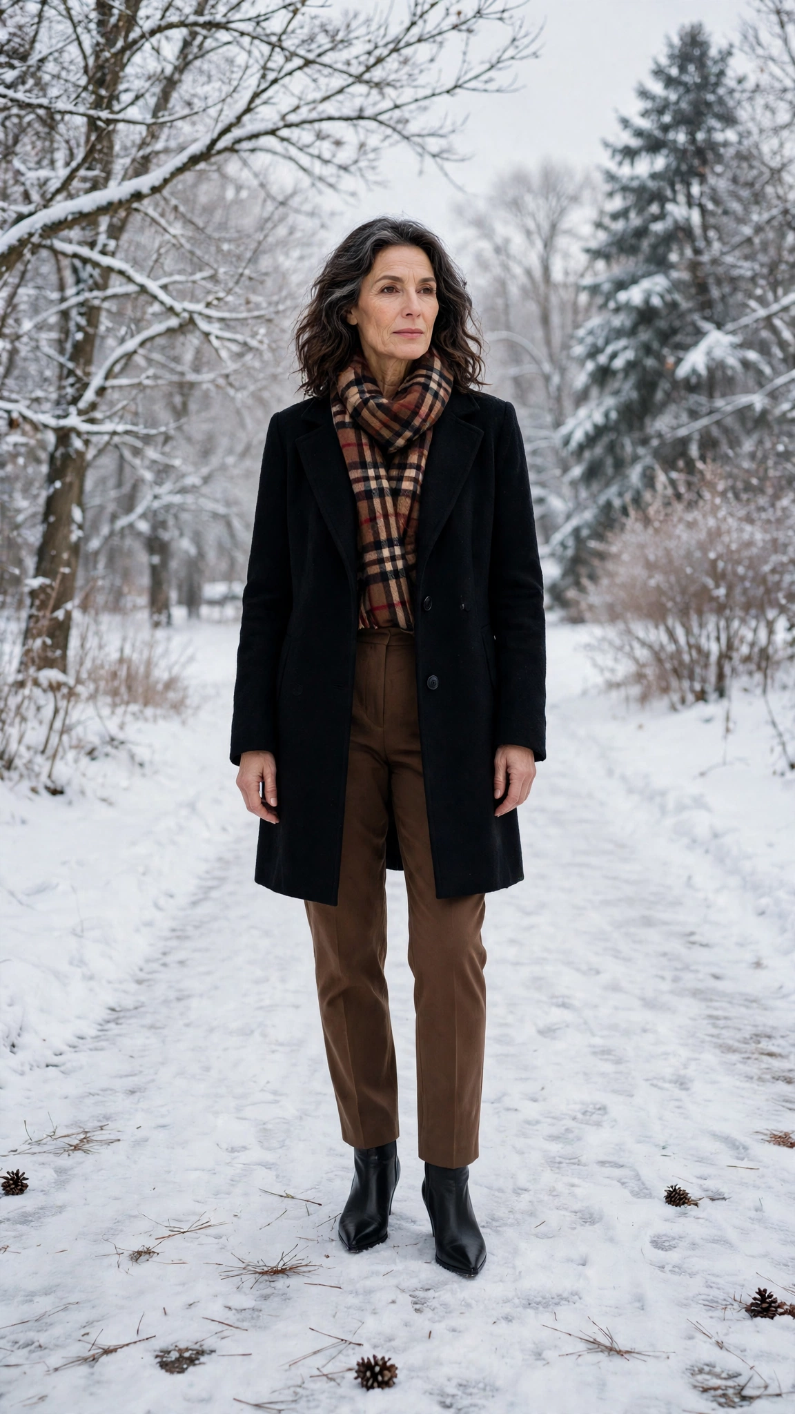 40 Women over 50 scarf and coat layering outfits for snowy walks That Are Chic, Warm and Elegant 27 Plaid scarf with a black coat, brown trousers with ankle boots and black pointed boots