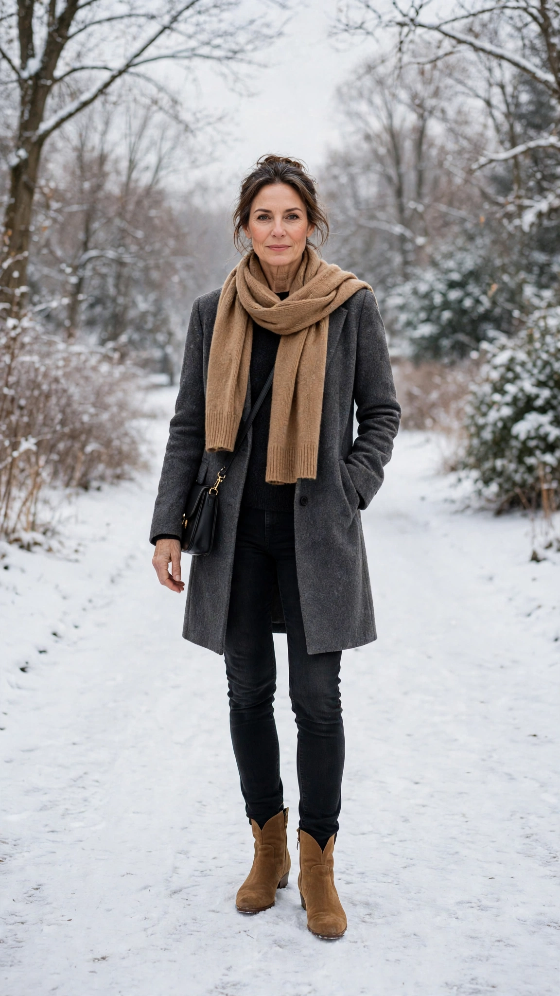 40 Women over 50 scarf and coat layering outfits for snowy walks That Are Chic, Warm and Elegant 28 Camel scarf with a charcoal coat, black jeans with tall boots and suede ankle boots