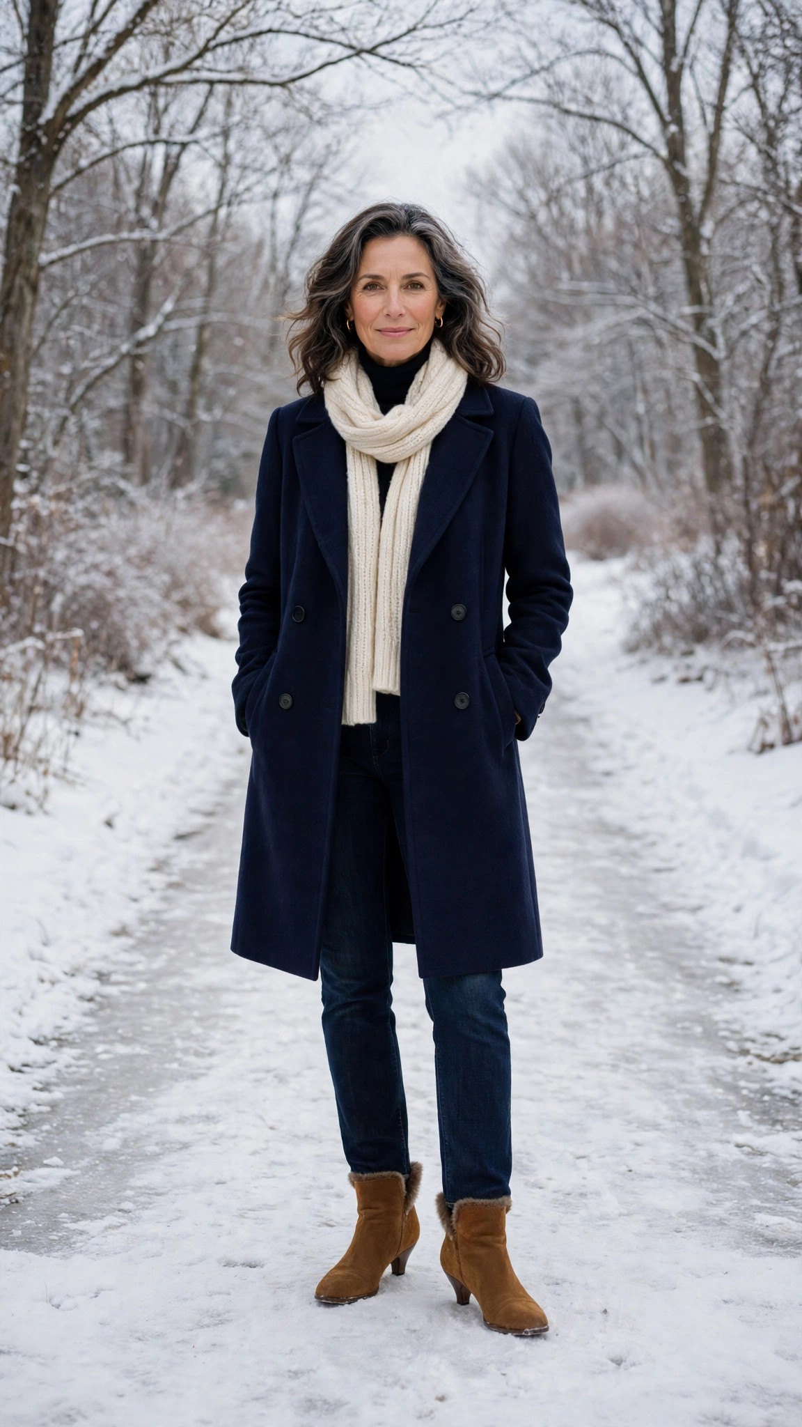 40 Women over 50 scarf and coat layering outfits for snowy walks That Are Chic, Warm and Elegant 29 Cream scarf with a navy coat, dark jeans with warm boots and kitten heels