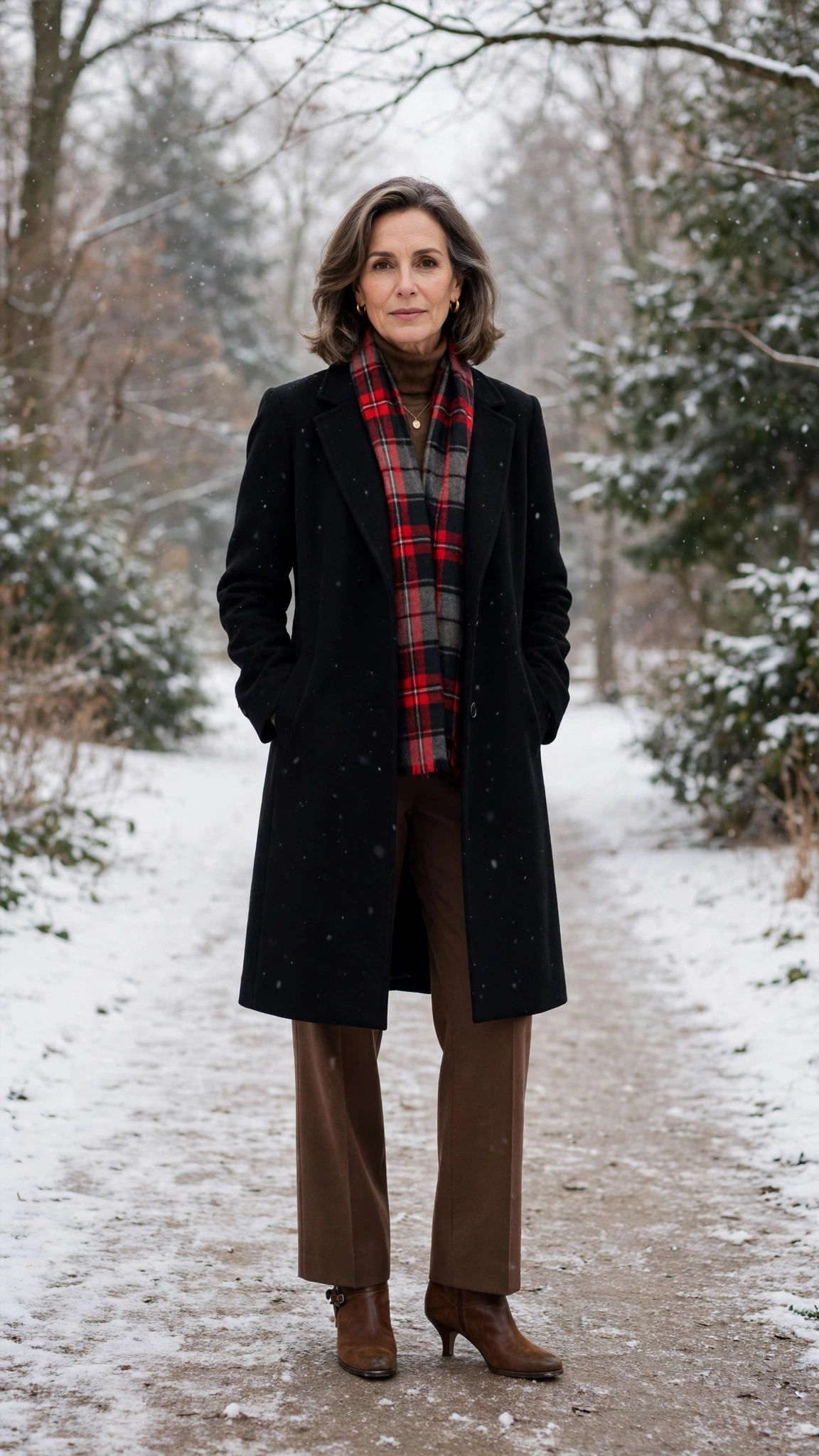 40 Women over 50 scarf and coat layering outfits for snowy walks That Are Chic, Warm and Elegant 30 Plaid scarf with a black coat, brown trousers with ankle boots and kitten heels