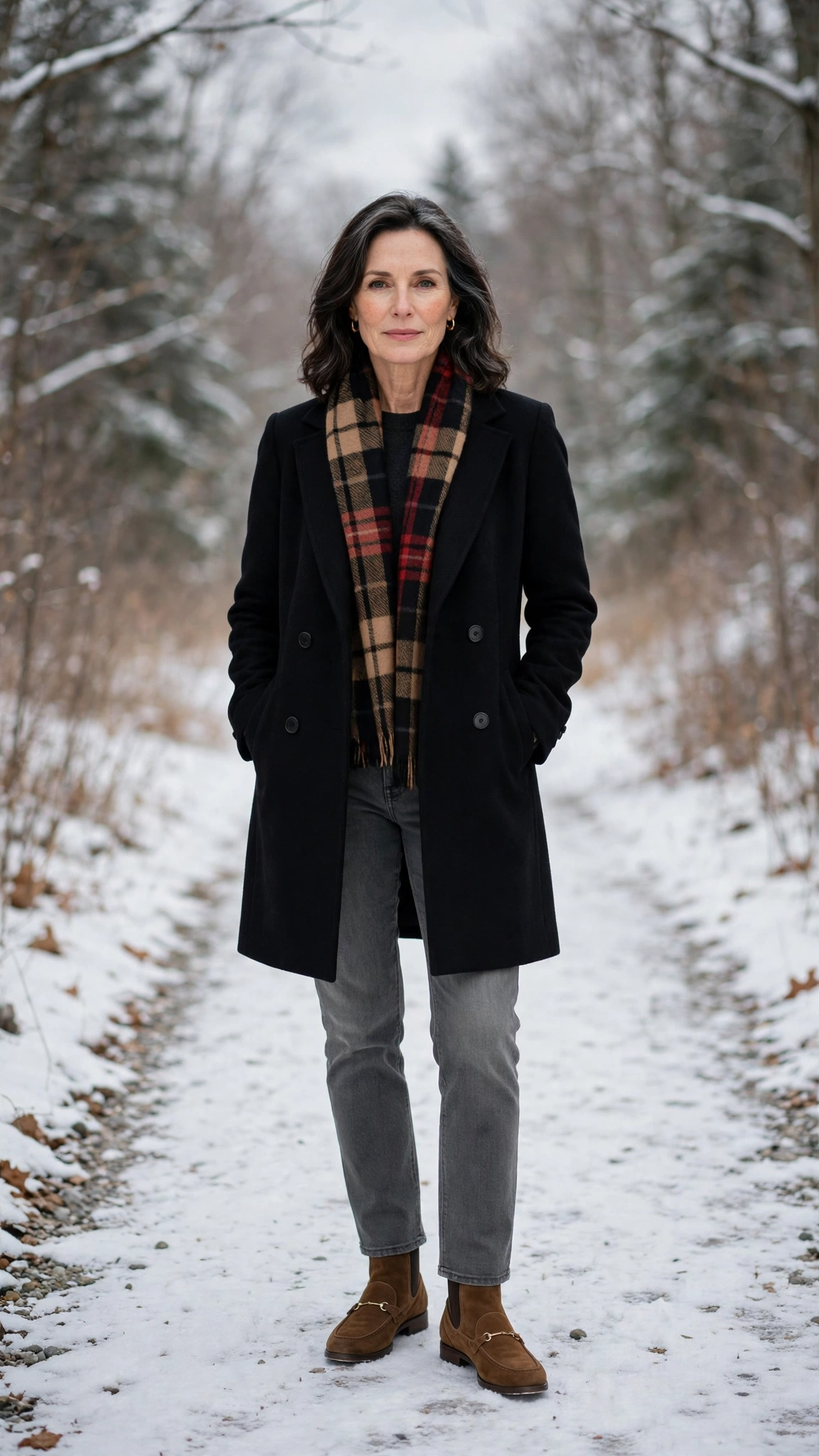 40 Women over 50 scarf and coat layering outfits for snowy walks That Are Chic, Warm and Elegant 31 Plaid scarf with a black coat, grey jeans with suede boots and classic loafers