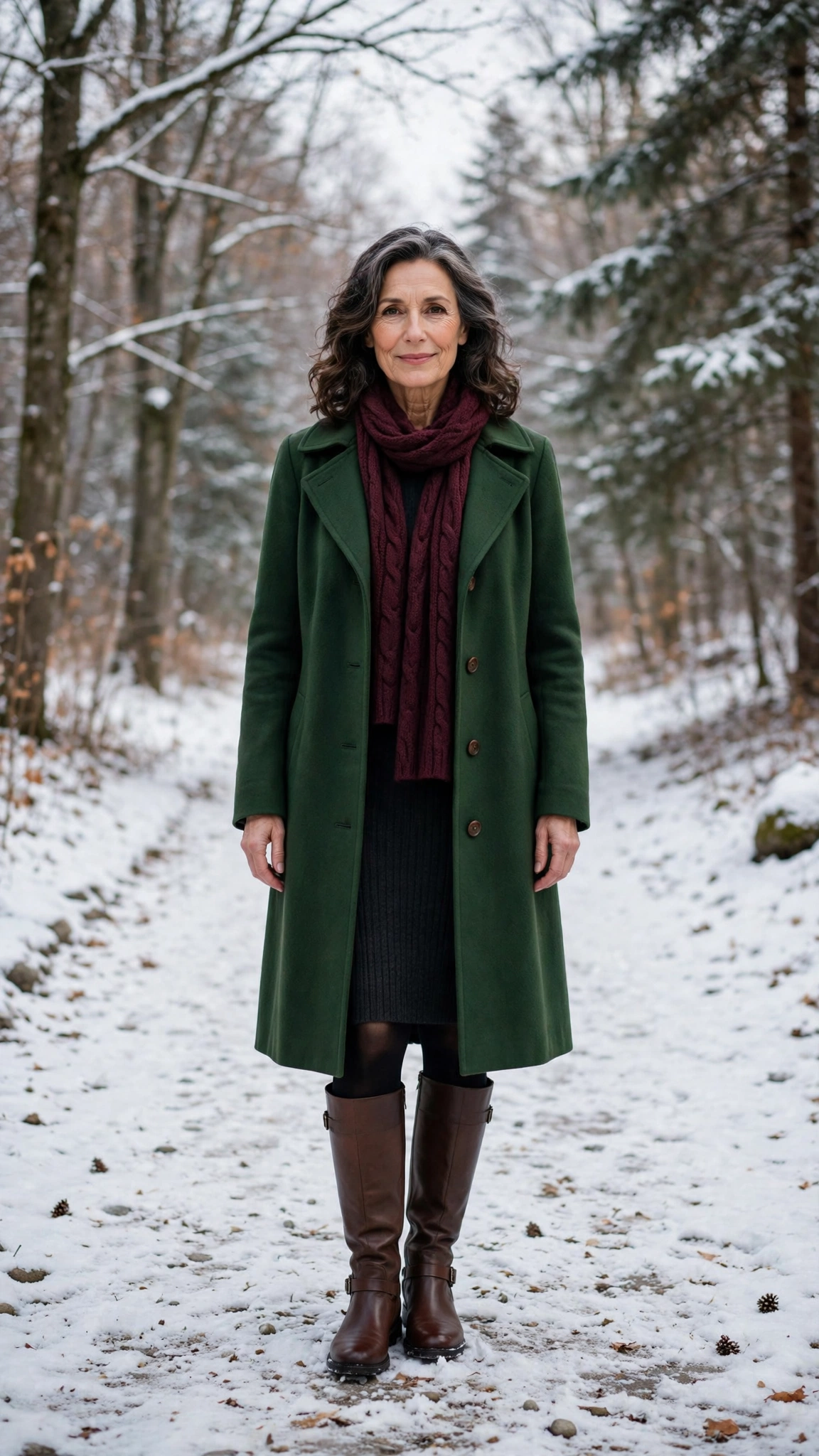 40 Women over 50 scarf and coat layering outfits for snowy walks That Are Chic, Warm and Elegant 32 Wine scarf with a forest green coat, dark knit dress with tights and boots and knee-high boots