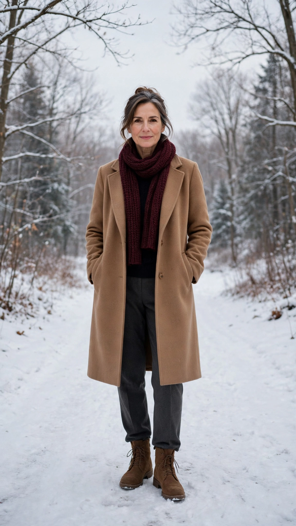 40 Women over 50 scarf and coat layering outfits for snowy walks That Are Chic, Warm and Elegant 33 Burgundy scarf with a camel coat, charcoal trousers with walking boots and suede ankle boots
