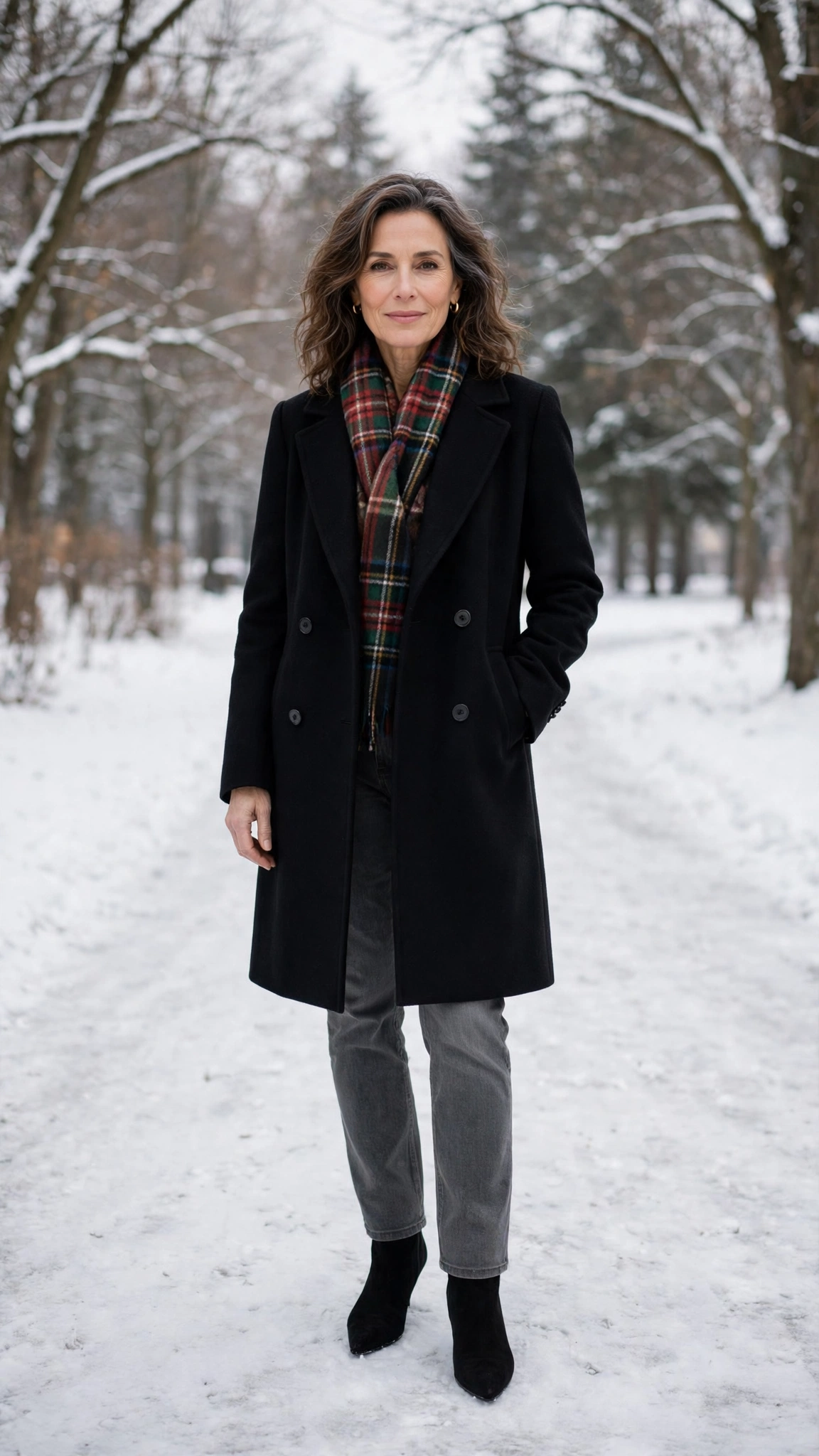 40 Women over 50 scarf and coat layering outfits for snowy walks That Are Chic, Warm and Elegant 34 Plaid scarf with a black coat, grey jeans with suede boots and black pointed boots