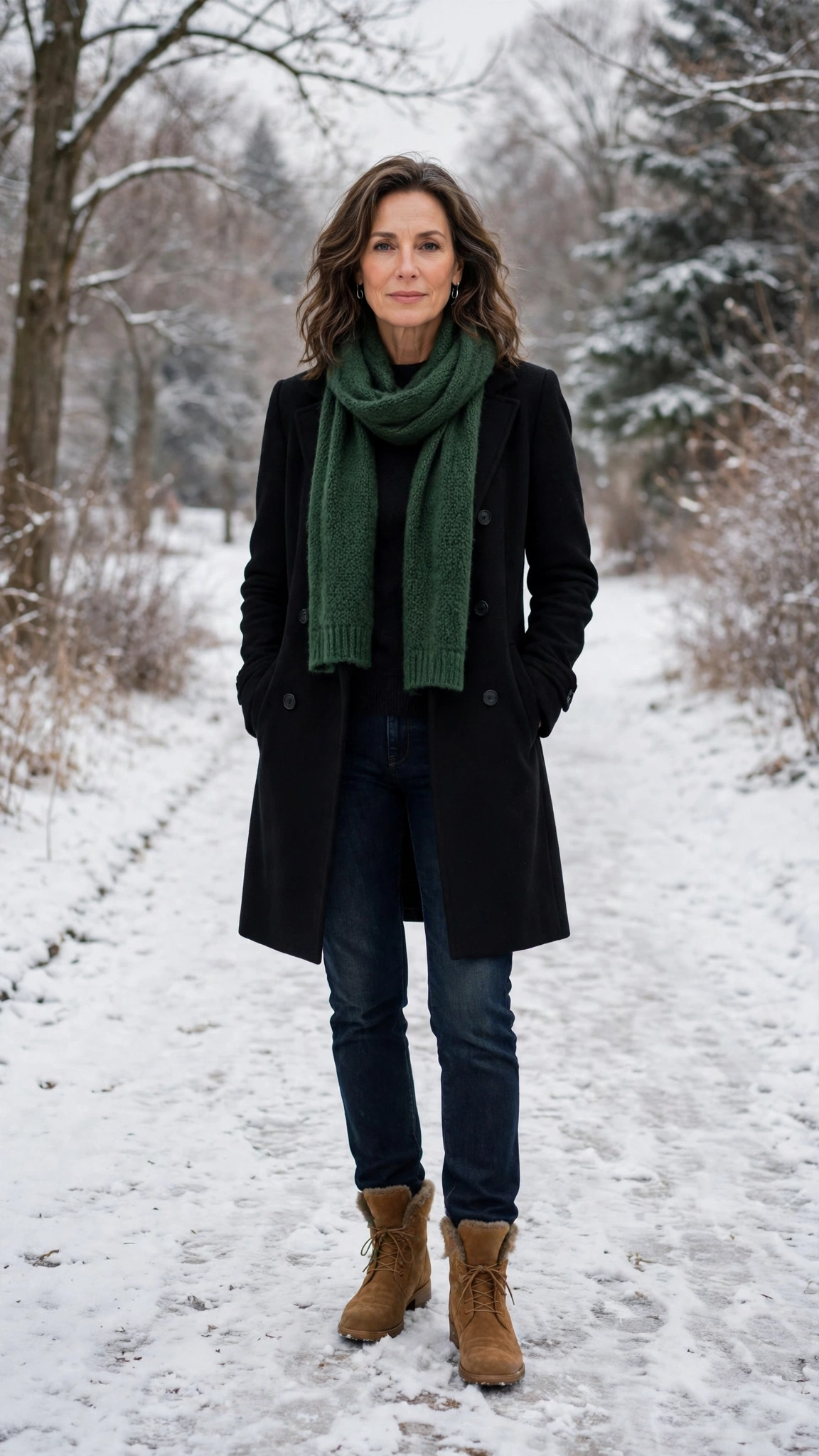 40 Women over 50 scarf and coat layering outfits for snowy walks That Are Chic, Warm and Elegant 35 Forest green scarf with a black coat, dark jeans with warm boots and suede ankle boots