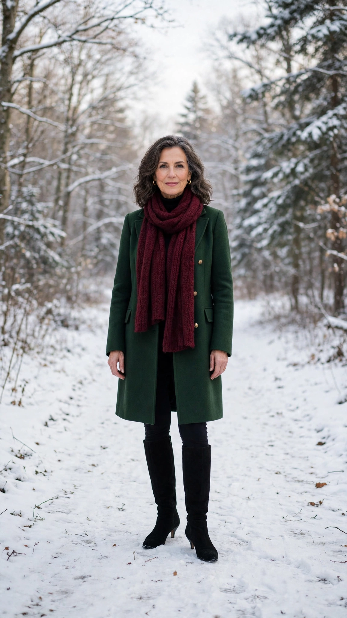 40 Women over 50 scarf and coat layering outfits for snowy walks That Are Chic, Warm and Elegant 36 Wine scarf with a forest green coat, black leggings with knee-high boots and kitten heels