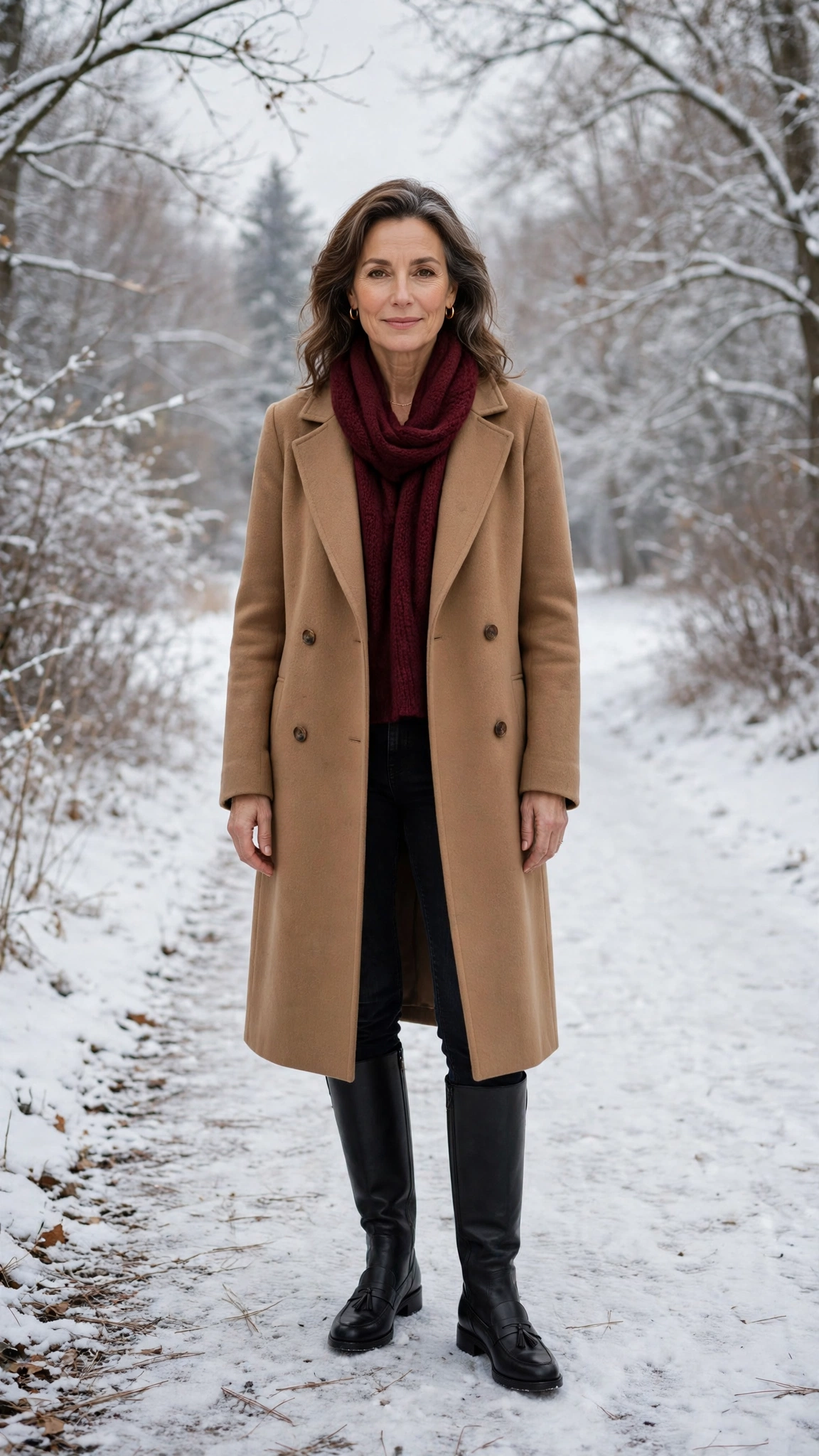 40 Women over 50 scarf and coat layering outfits for snowy walks That Are Chic, Warm and Elegant 37 Burgundy scarf with a camel coat, black jeans with tall boots and classic loafers