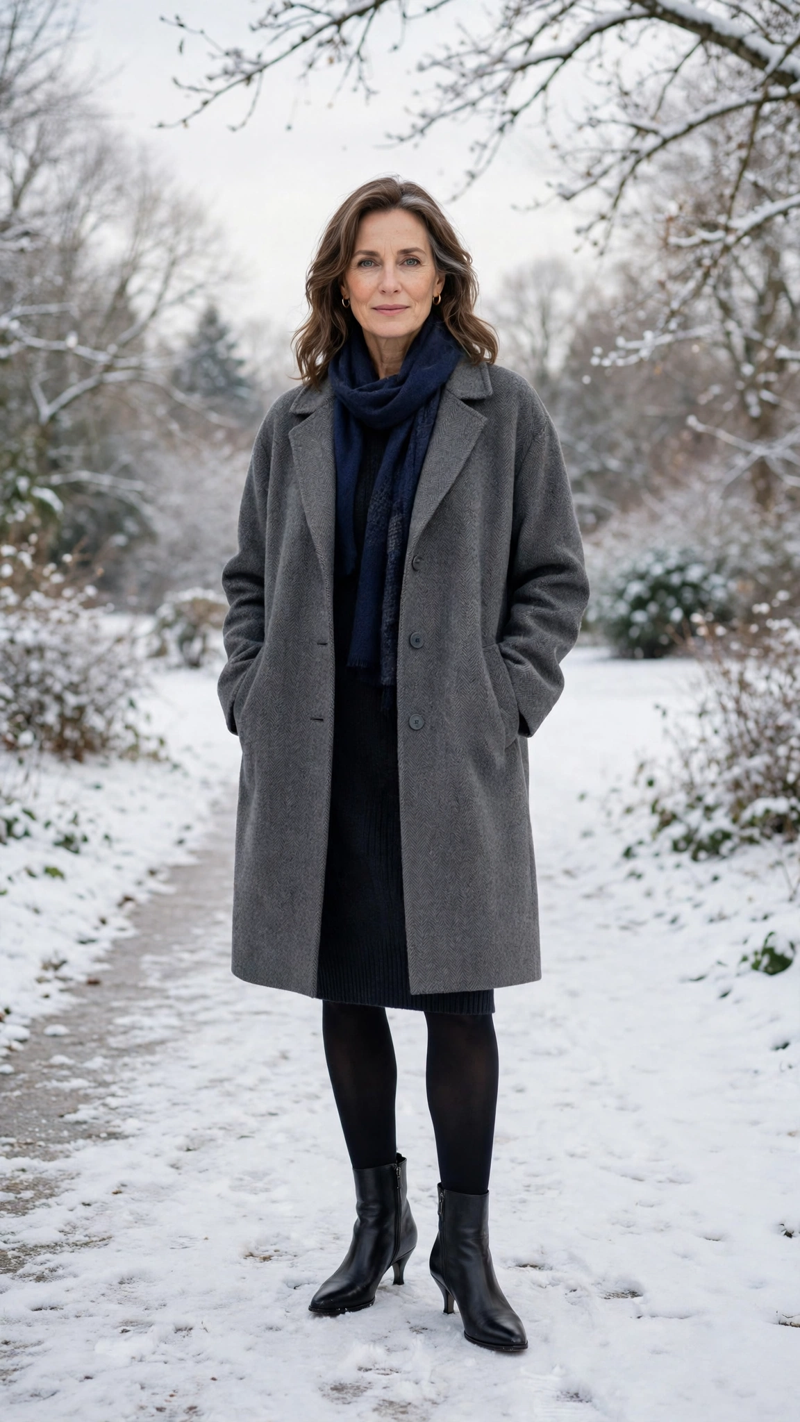 40 Women over 50 scarf and coat layering outfits for snowy walks That Are Chic, Warm and Elegant 38 Navy scarf with a grey coat, dark knit dress with tights and boots and kitten heels