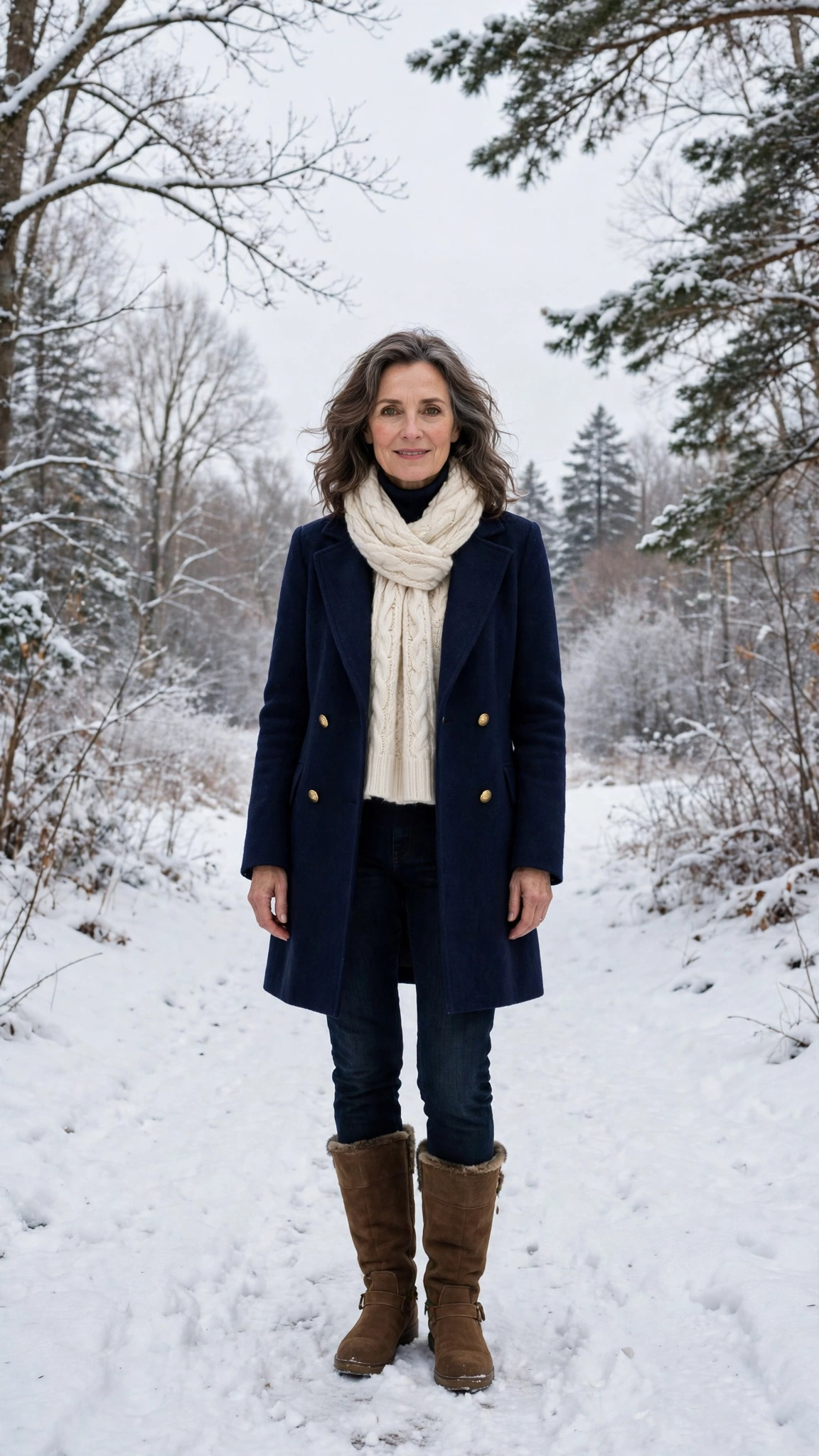 40 Women over 50 scarf and coat layering outfits for snowy walks That Are Chic, Warm and Elegant 39 Cream scarf with a navy coat, dark jeans with warm boots and knee-high boots