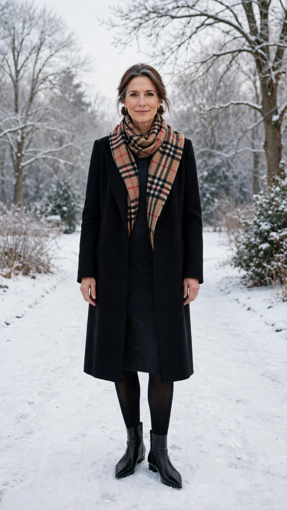 40 Women over 50 scarf and coat layering outfits for snowy walks That Are Chic, Warm and Elegant 40 Plaid scarf with a black coat, dark knit dress with tights and boots and elegant pointed flats