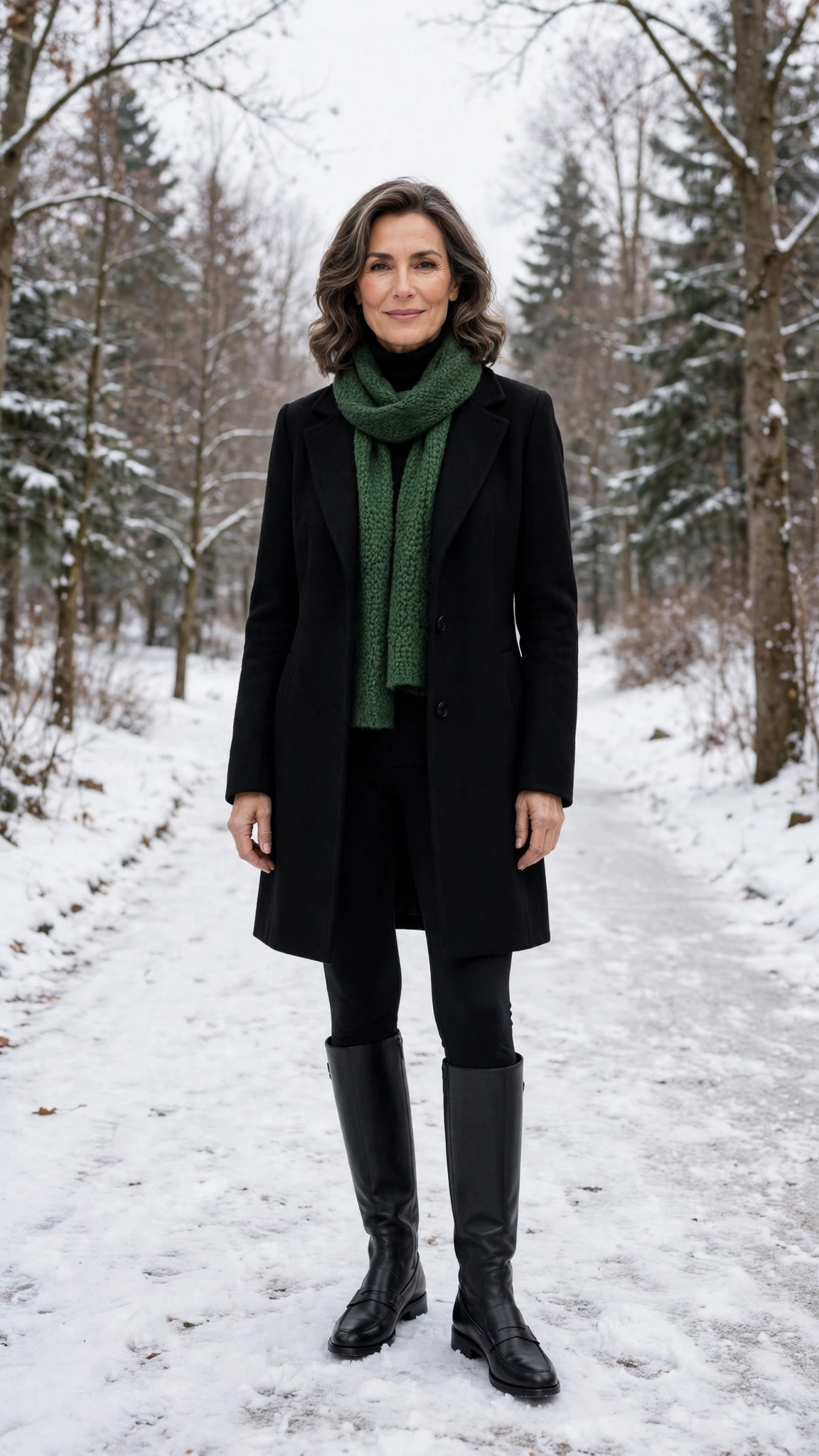 40 Women over 50 scarf and coat layering outfits for snowy walks That Are Chic, Warm and Elegant 41 Forest green scarf with a black coat, black leggings with knee-high boots and classic loafers