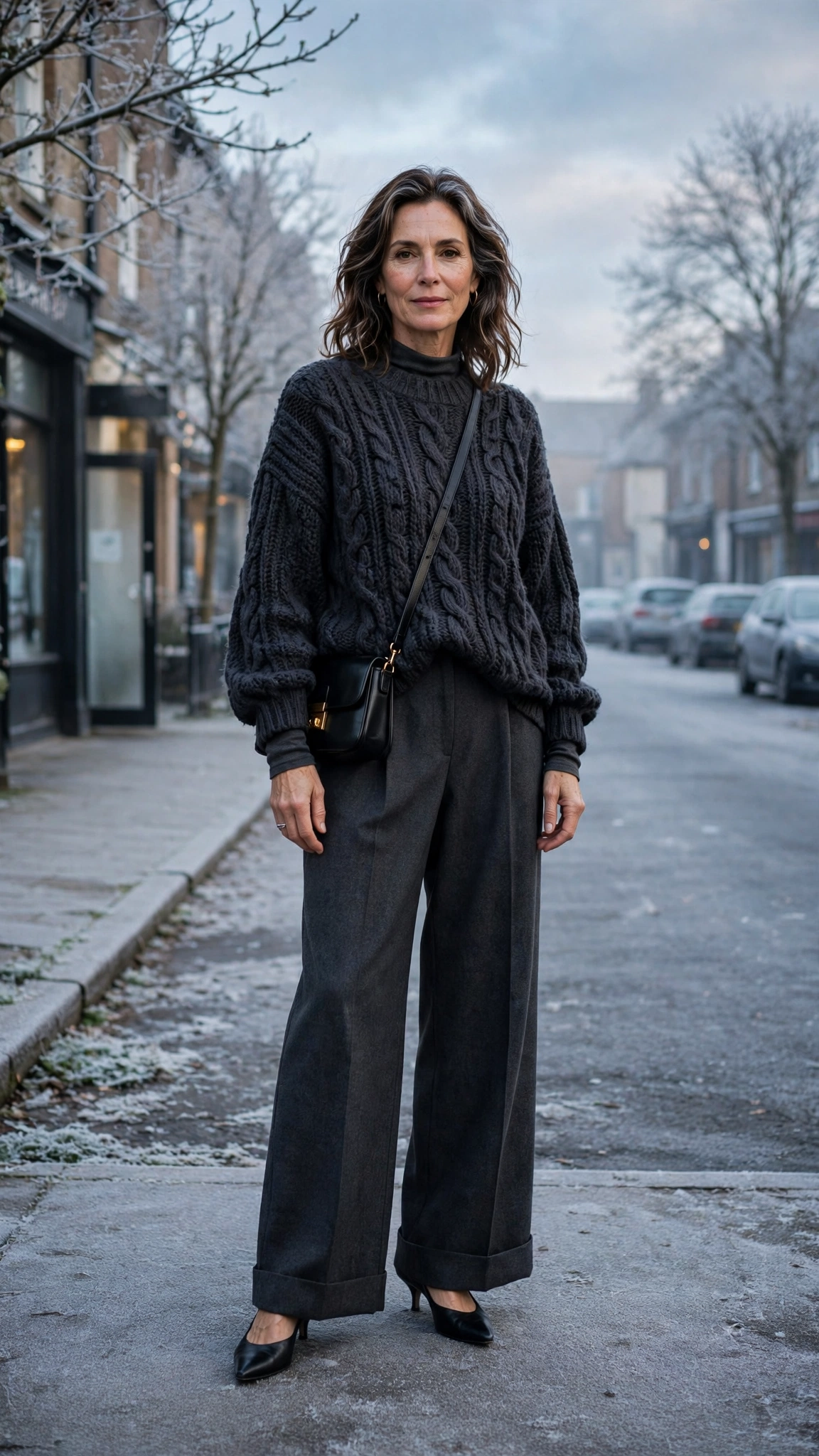 25 Women over 50 thermal layering outfits for cold January days That Are Chic, Warm and Elegant 2 Charcoal thermal base layer, oversized sweater with wide-leg trousers and kitten heels
