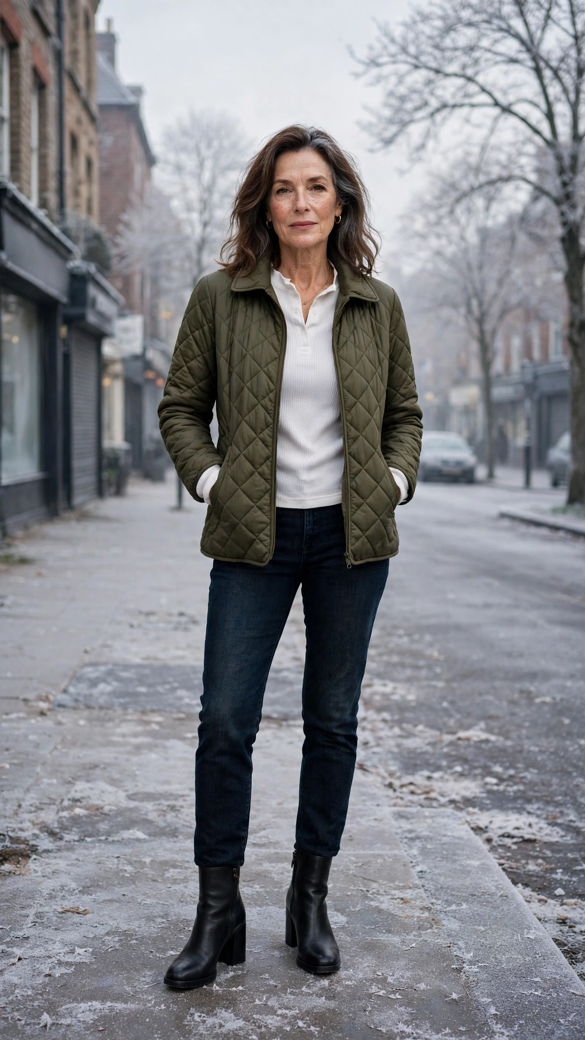 25 Women over 50 thermal layering outfits for cold January days That Are Chic, Warm and Elegant 3 White thermal base layer, quilted jacket with dark jeans and block-heel ankle boots