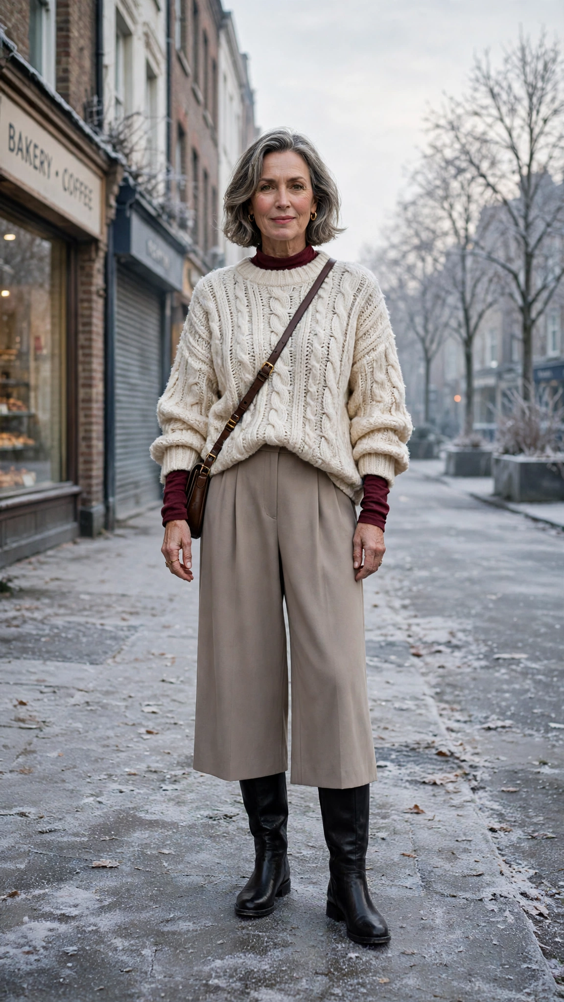 25 Women over 50 thermal layering outfits for cold January days That Are Chic, Warm and Elegant 6 Burgundy thermal base layer, oversized sweater with wide-leg trousers and knee-high boots
