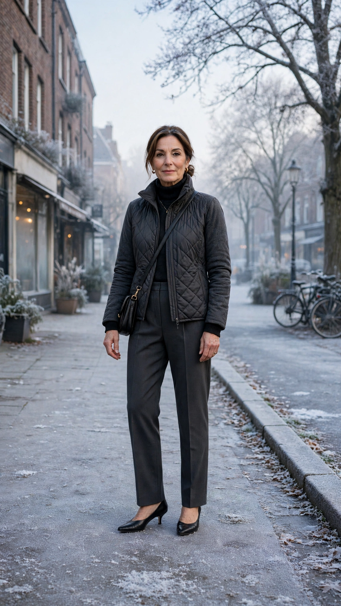 25 Women over 50 thermal layering outfits for cold January days That Are Chic, Warm and Elegant 8 Charcoal thermal base layer, turtleneck sweater with tailored trousers and kitten heels