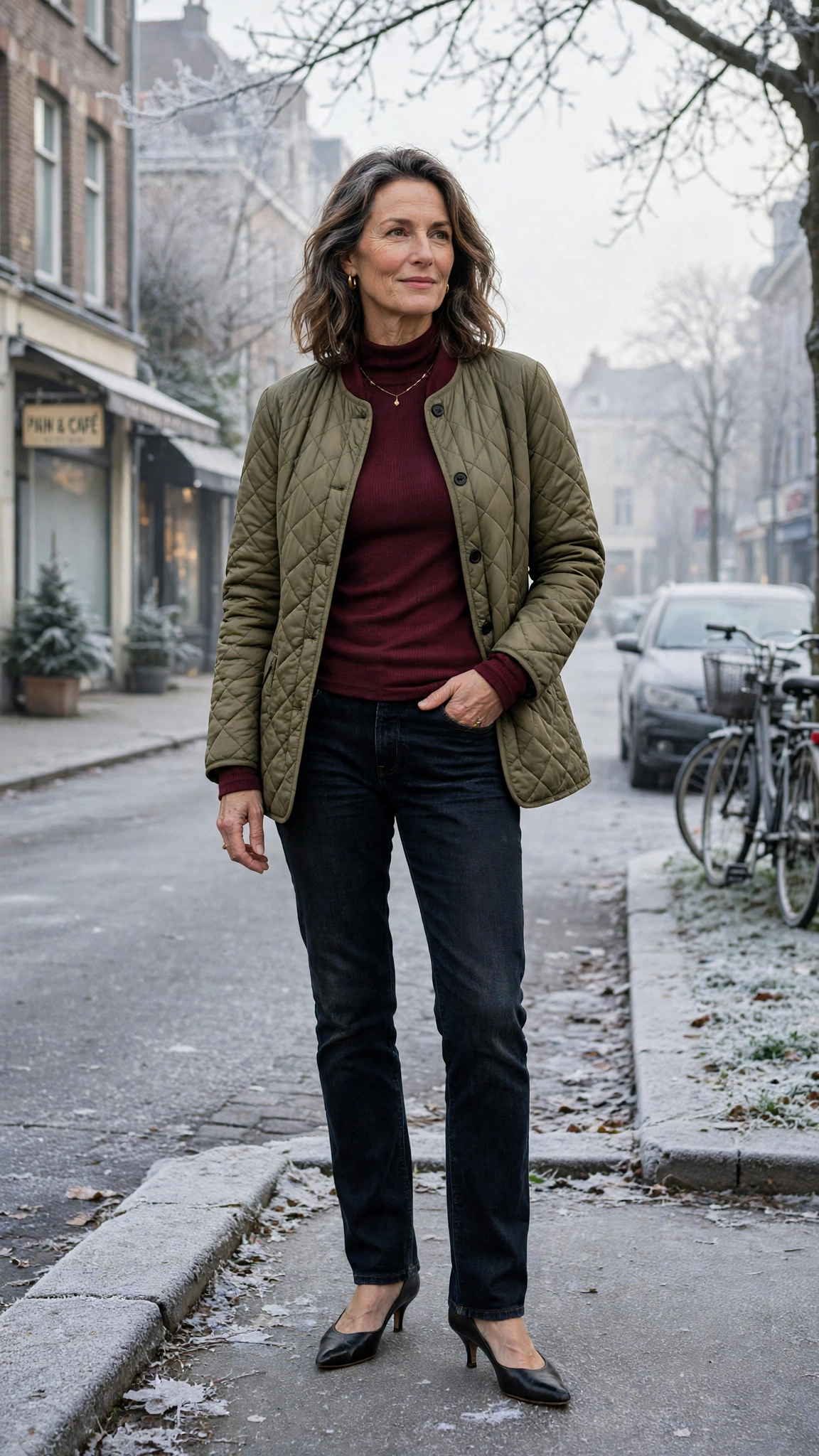 25 Women over 50 thermal layering outfits for cold January days That Are Chic, Warm and Elegant 9 Burgundy thermal base layer, quilted jacket with dark jeans and kitten heels