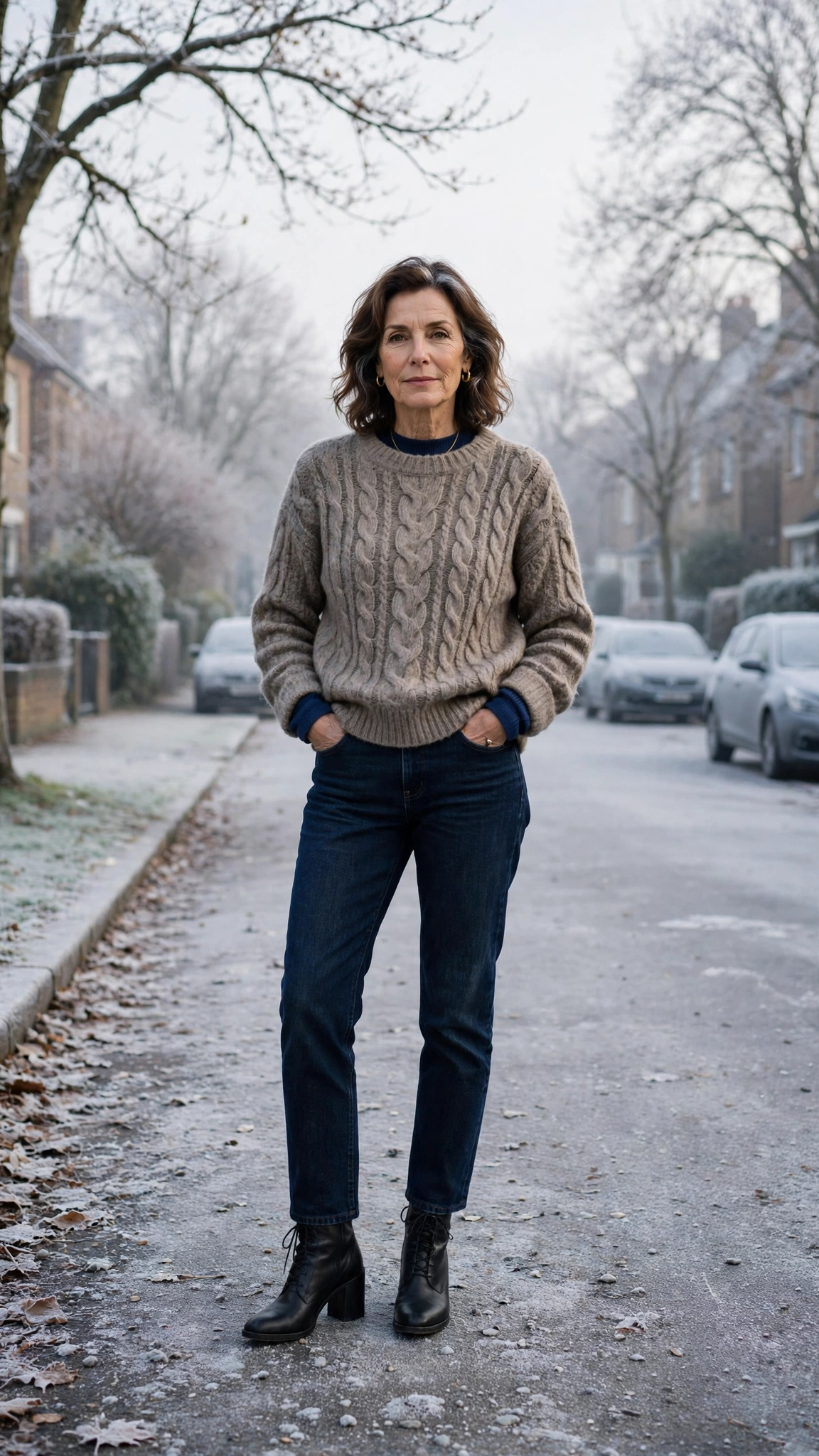 25 Women over 50 thermal layering outfits for cold January days That Are Chic, Warm and Elegant 10 Navy thermal base layer, wool sweater with dark jeans and block-heel ankle boots
