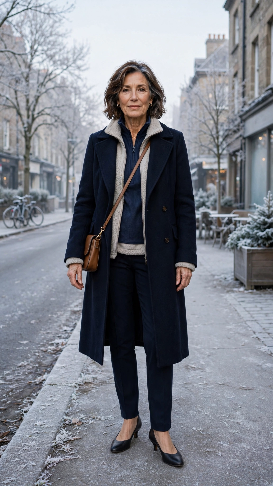 25 Women over 50 thermal layering outfits for cold January days That Are Chic, Warm and Elegant 11 Navy thermal base layer, fleece-lined top with a long coat and low-heeled pumps