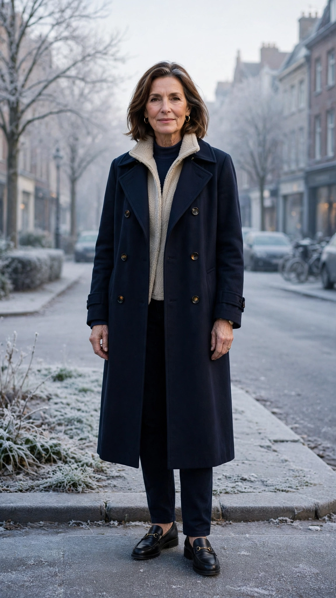 25 Women over 50 thermal layering outfits for cold January days That Are Chic, Warm and Elegant 12 Navy thermal base layer, fleece-lined top with a long coat and classic loafers