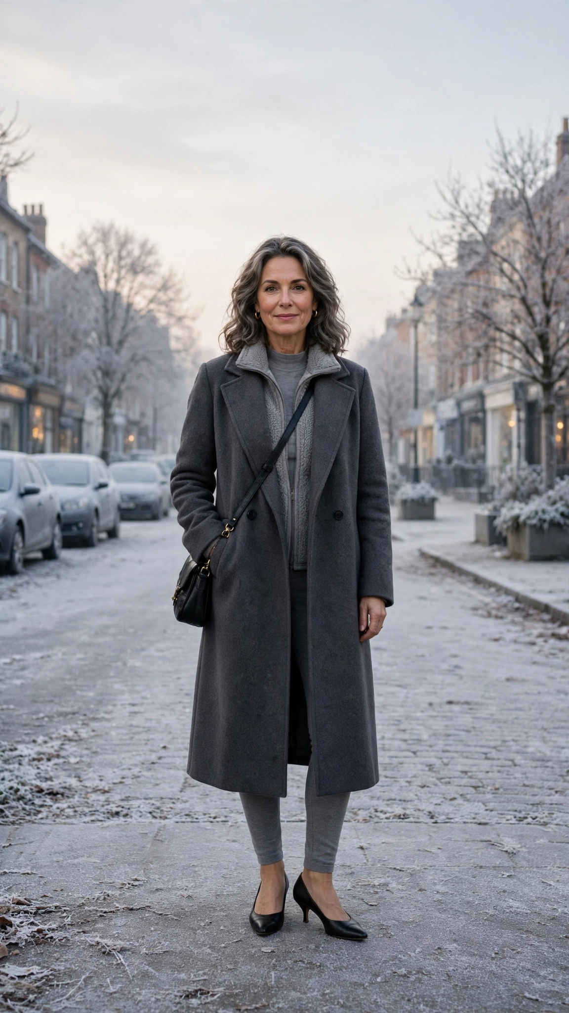 25 Women over 50 thermal layering outfits for cold January days That Are Chic, Warm and Elegant 13 Grey thermal base layer, fleece-lined top with a long coat and kitten heels
