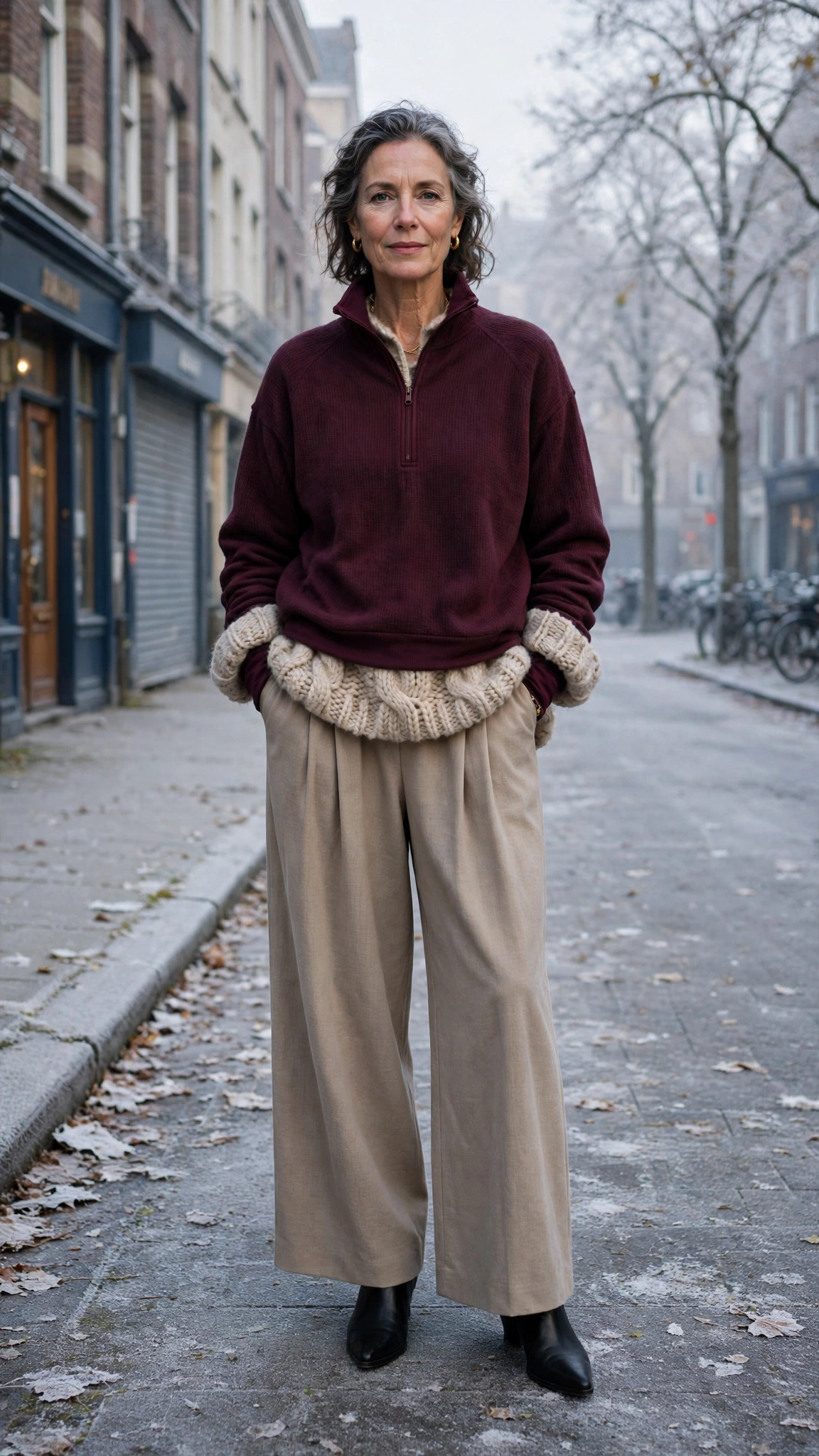 25 Women over 50 thermal layering outfits for cold January days That Are Chic, Warm and Elegant 14 Wine thermal base layer, oversized sweater with wide-leg trousers and black pointed boots