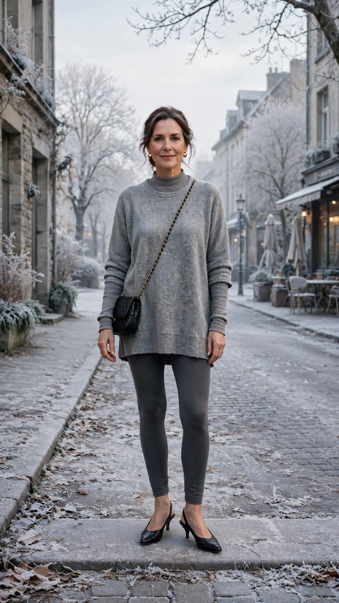 25 Women over 50 thermal layering outfits for cold January days That Are Chic, Warm and Elegant 15 Grey thermal base layer, tunic sweater with leggings and kitten heels