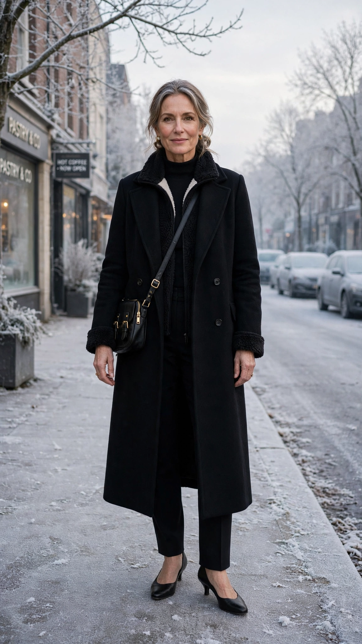 25 Women over 50 thermal layering outfits for cold January days That Are Chic, Warm and Elegant 19 Black thermal base layer, fleece-lined top with a long coat and low-heeled pumps