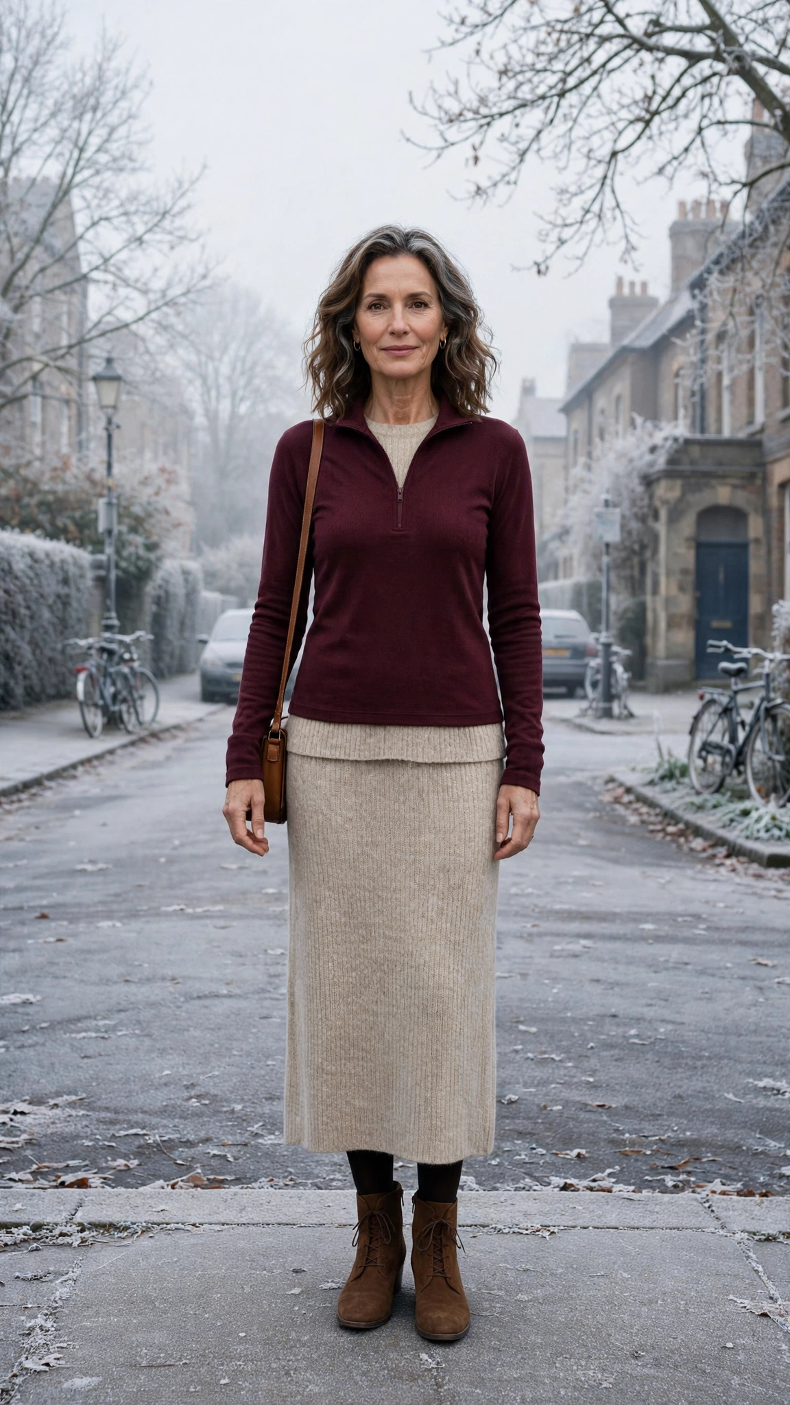 25 Women over 50 thermal layering outfits for cold January days That Are Chic, Warm and Elegant 21 Wine thermal base layer, knit dress with opaque tights and suede ankle boots