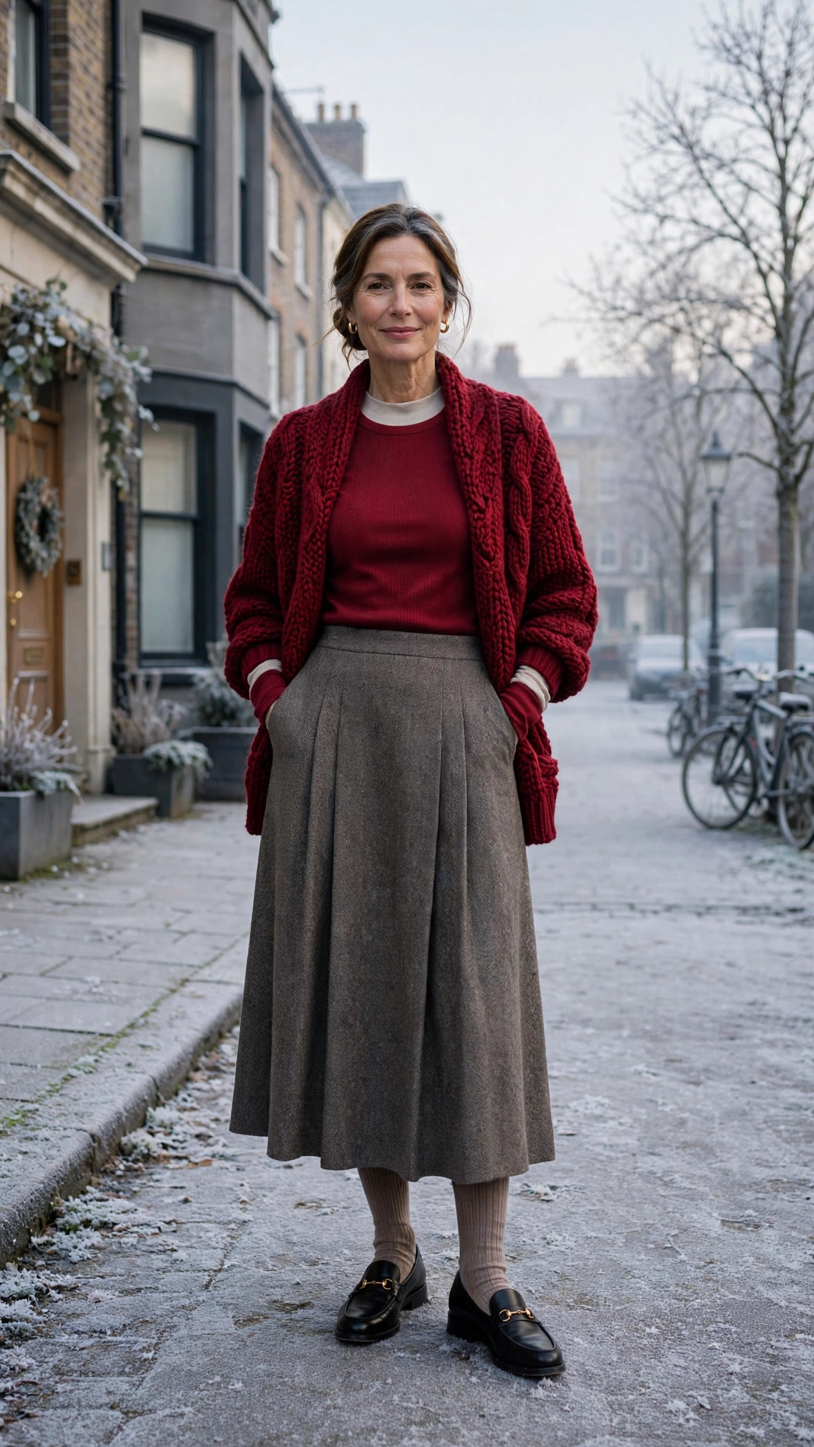 25 Women over 50 thermal layering outfits for cold January days That Are Chic, Warm and Elegant 22 Wine thermal base layer, chunky knit with a midi skirt and classic loafers