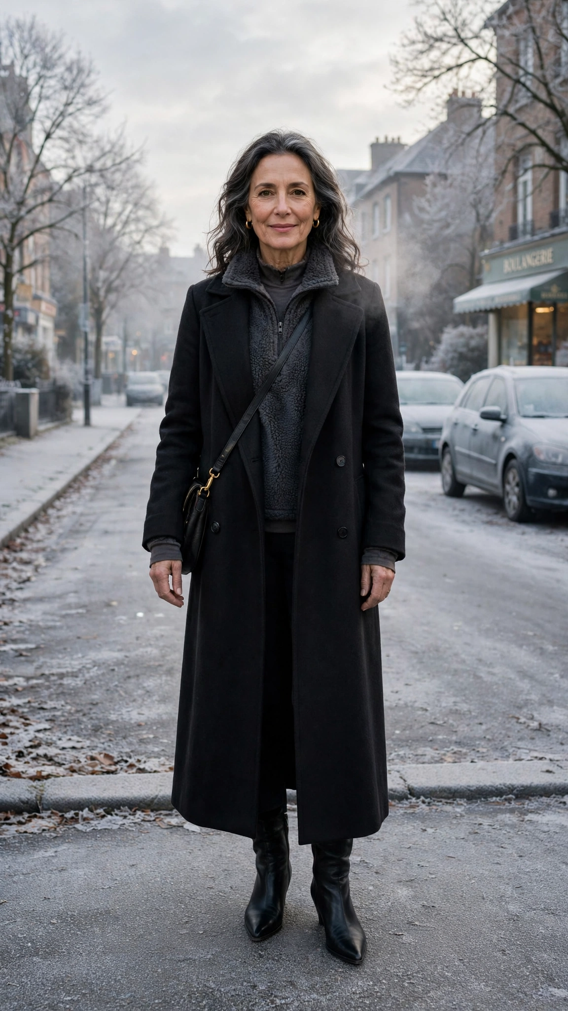 25 Women over 50 thermal layering outfits for cold January days That Are Chic, Warm and Elegant 23 Charcoal thermal base layer, fleece-lined top with a long coat and black pointed boots