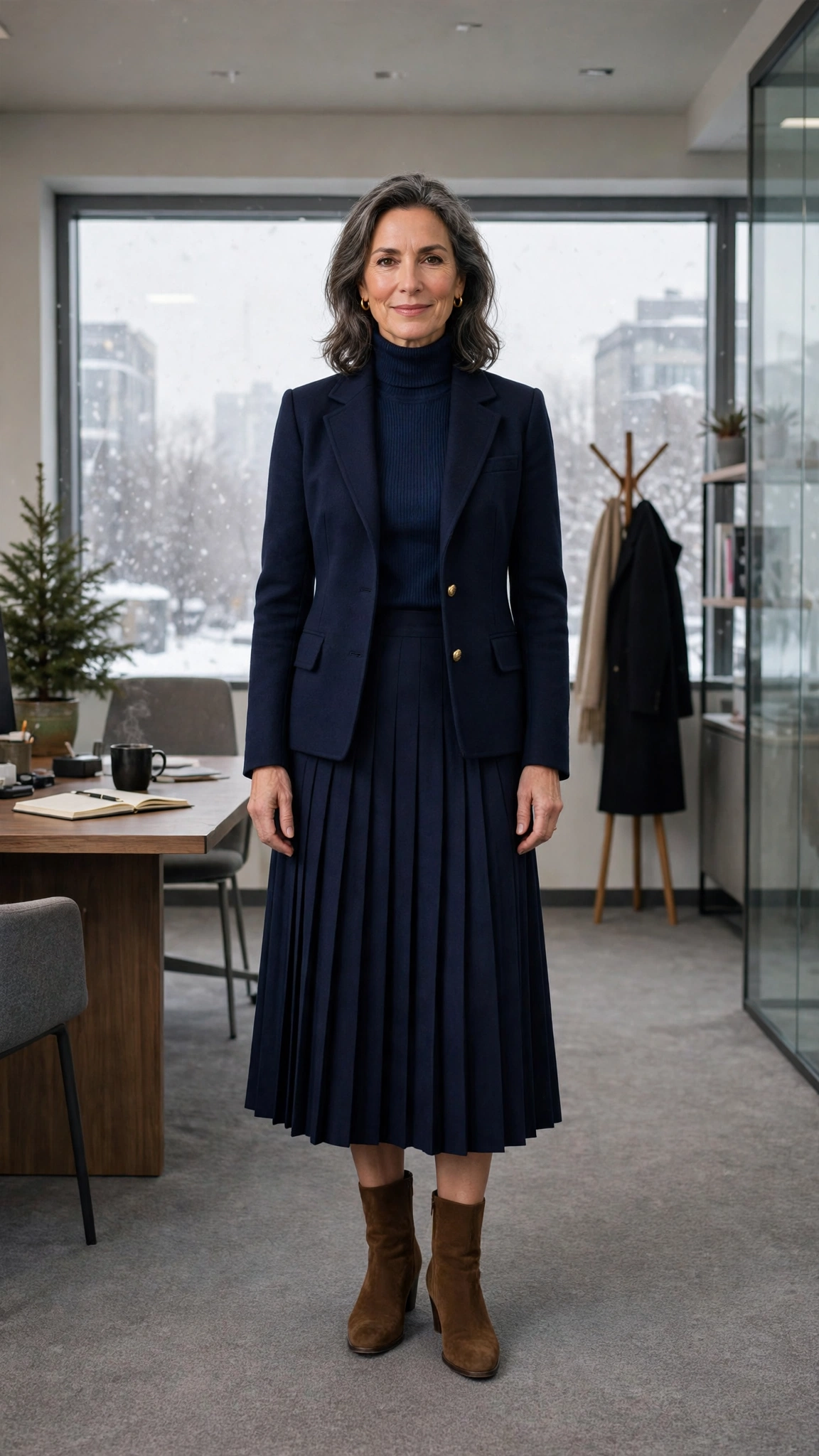 Navy turtleneck, midi skirt with a structured jacket and suede ankle boots