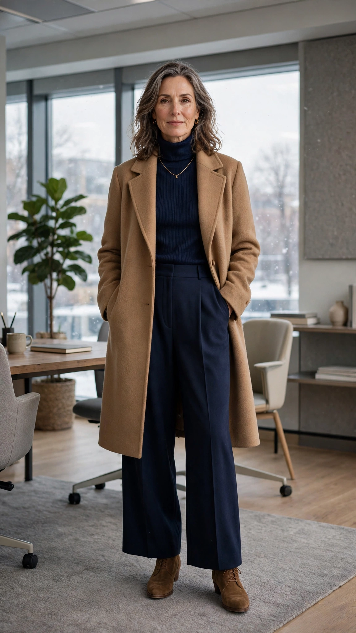 Navy turtleneck, wide-leg trousers with a wool coat and suede ankle boots