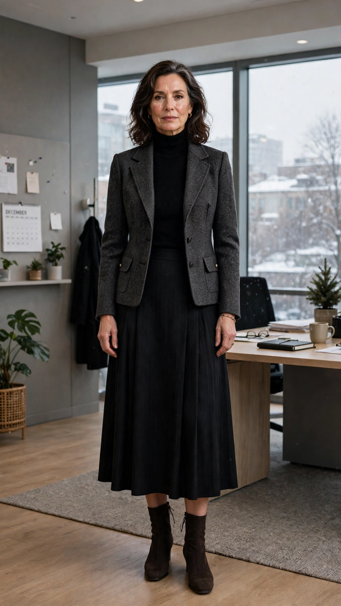 Black turtleneck, midi skirt with a structured jacket and suede ankle boots