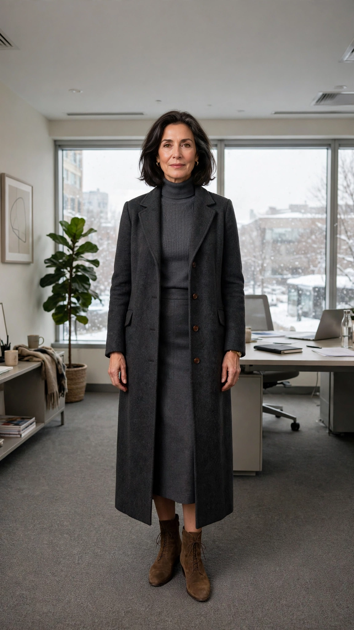 Charcoal turtleneck, pencil skirt with a long coat and suede ankle boots