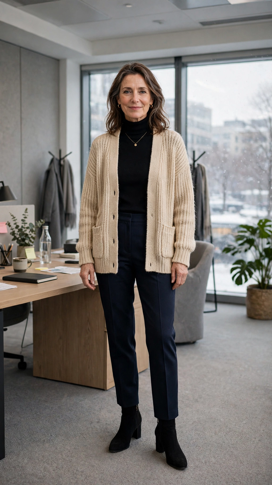 Black turtleneck, dark trousers with a cardigan and block-heel ankle boots