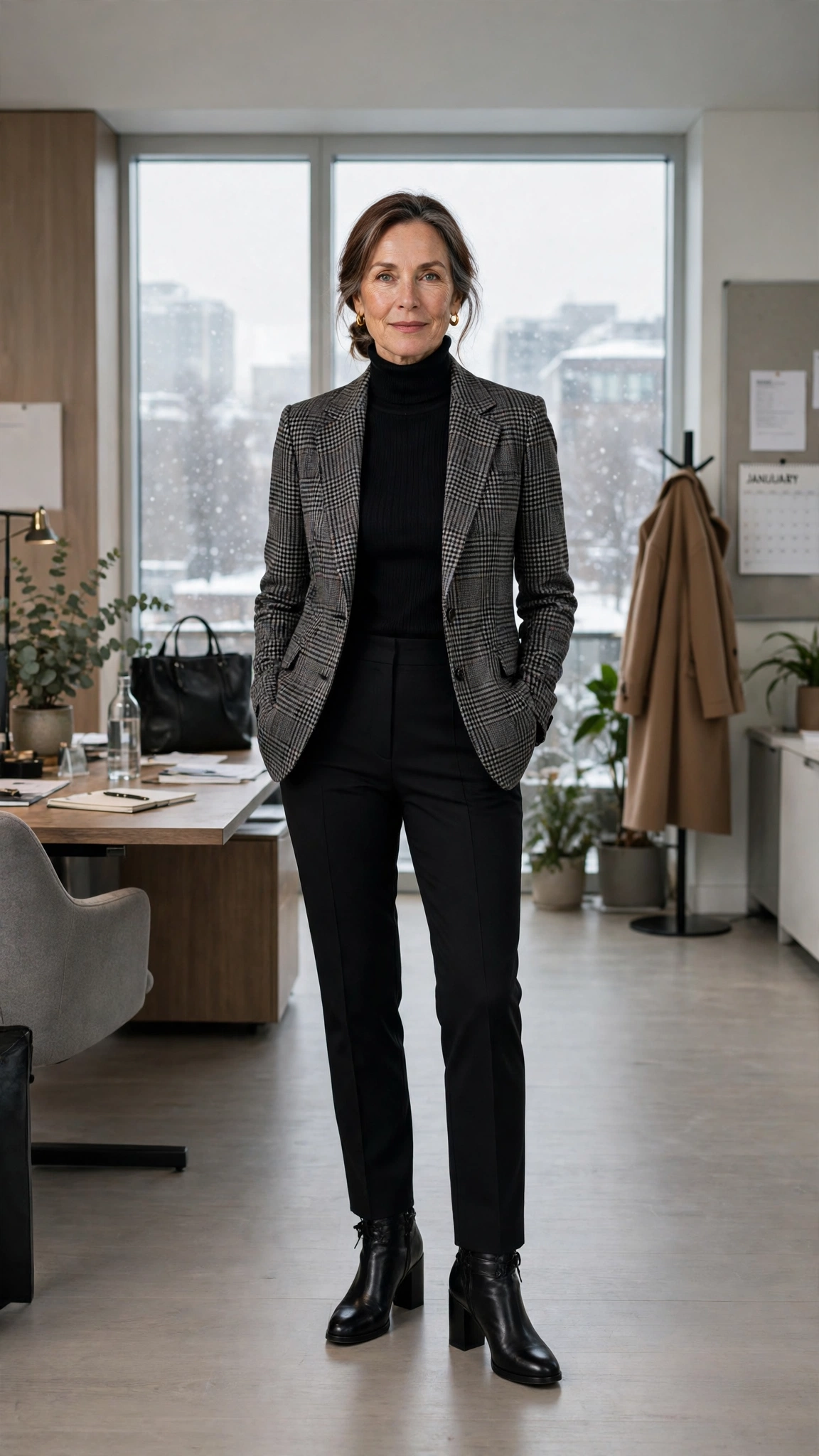 Black turtleneck, black trousers with a checked blazer and block-heel ankle boots