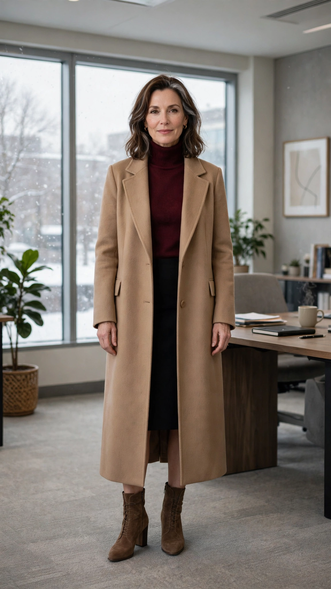 Wine turtleneck, pencil skirt with a long coat and suede ankle boots