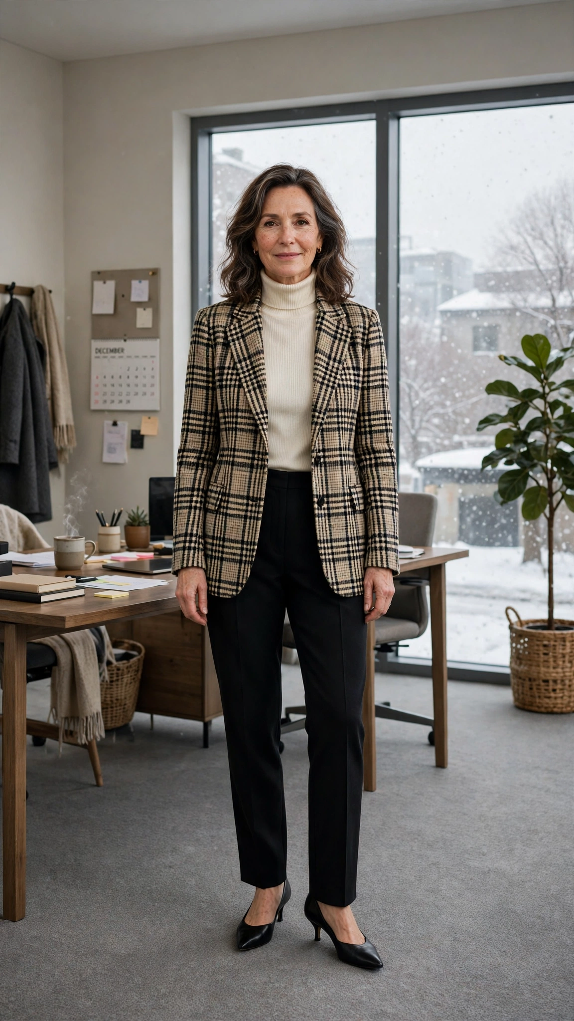Cream turtleneck, black trousers with a checked blazer and kitten heels