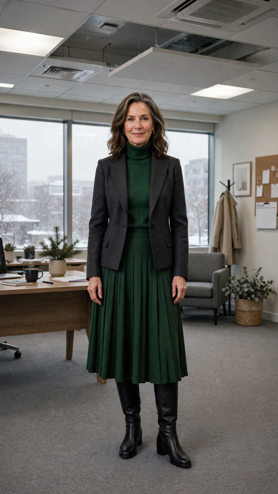 Forest green turtleneck, midi skirt with a structured jacket and knee-high boots