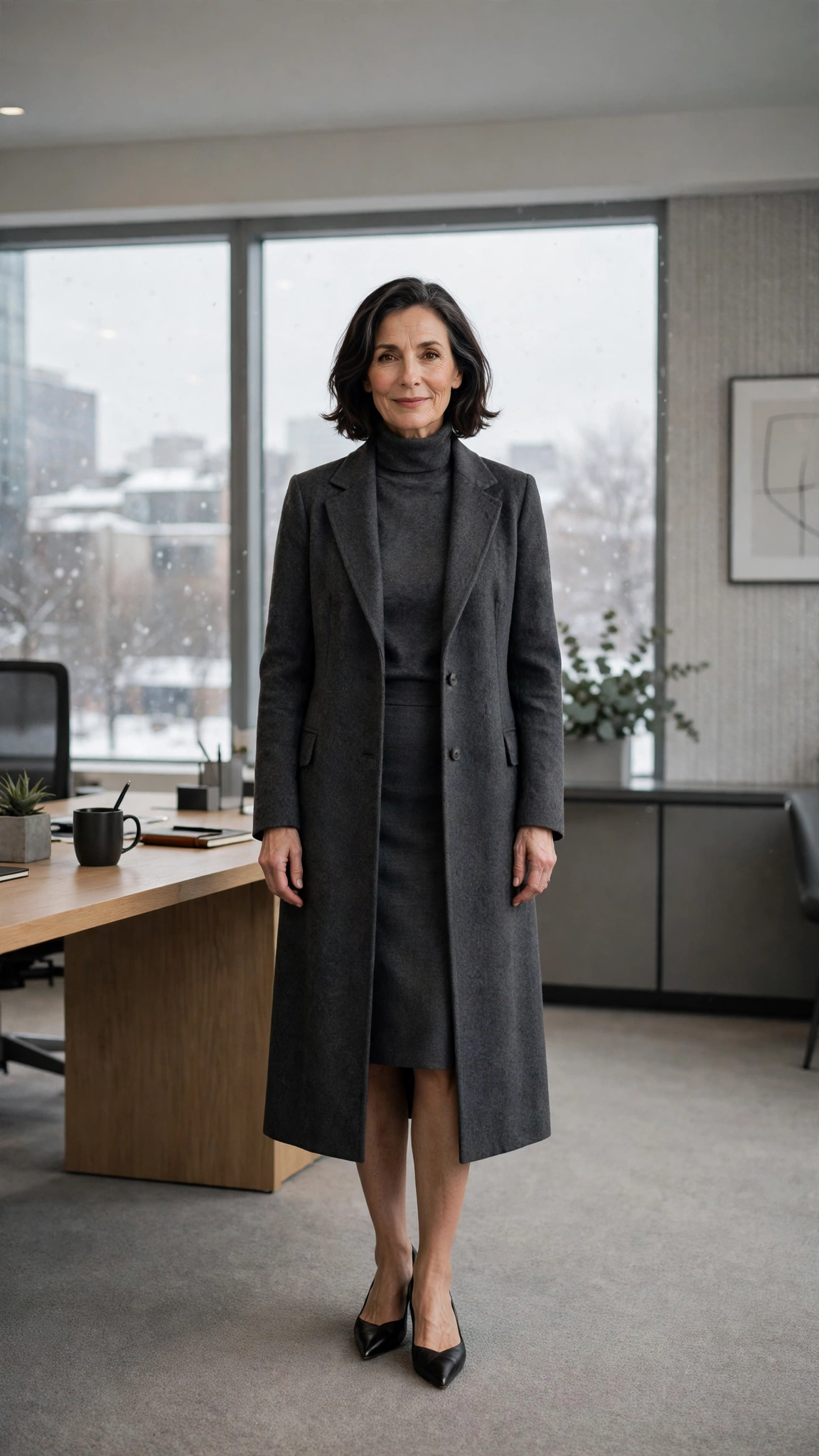 Charcoal turtleneck, pencil skirt with a long coat and elegant pointed flats
