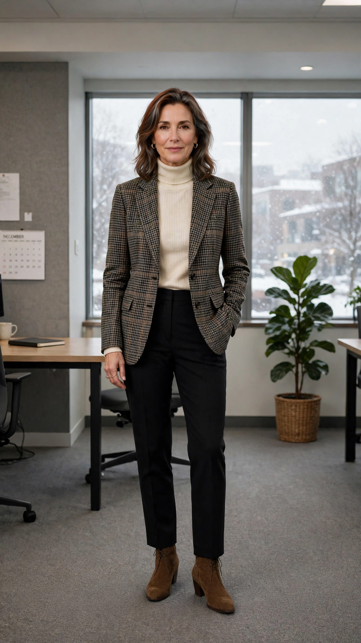 Cream turtleneck, black trousers with a checked blazer and suede ankle boots