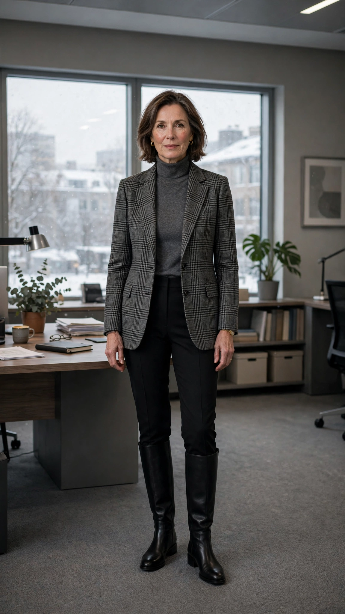 Charcoal turtleneck, black trousers with a checked blazer and knee-high boots