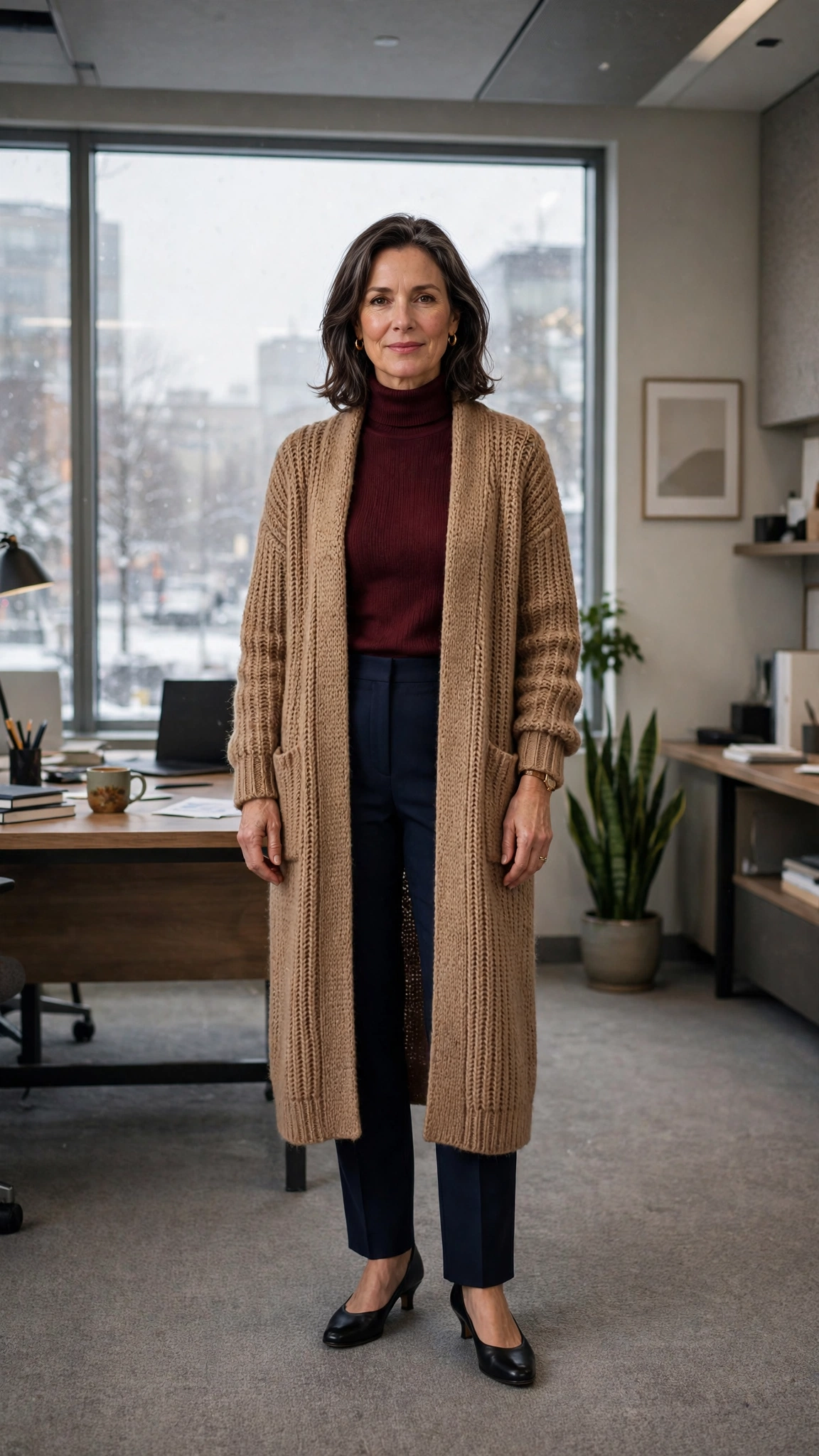 Burgundy turtleneck, navy trousers with a long cardigan and low-heeled pumps