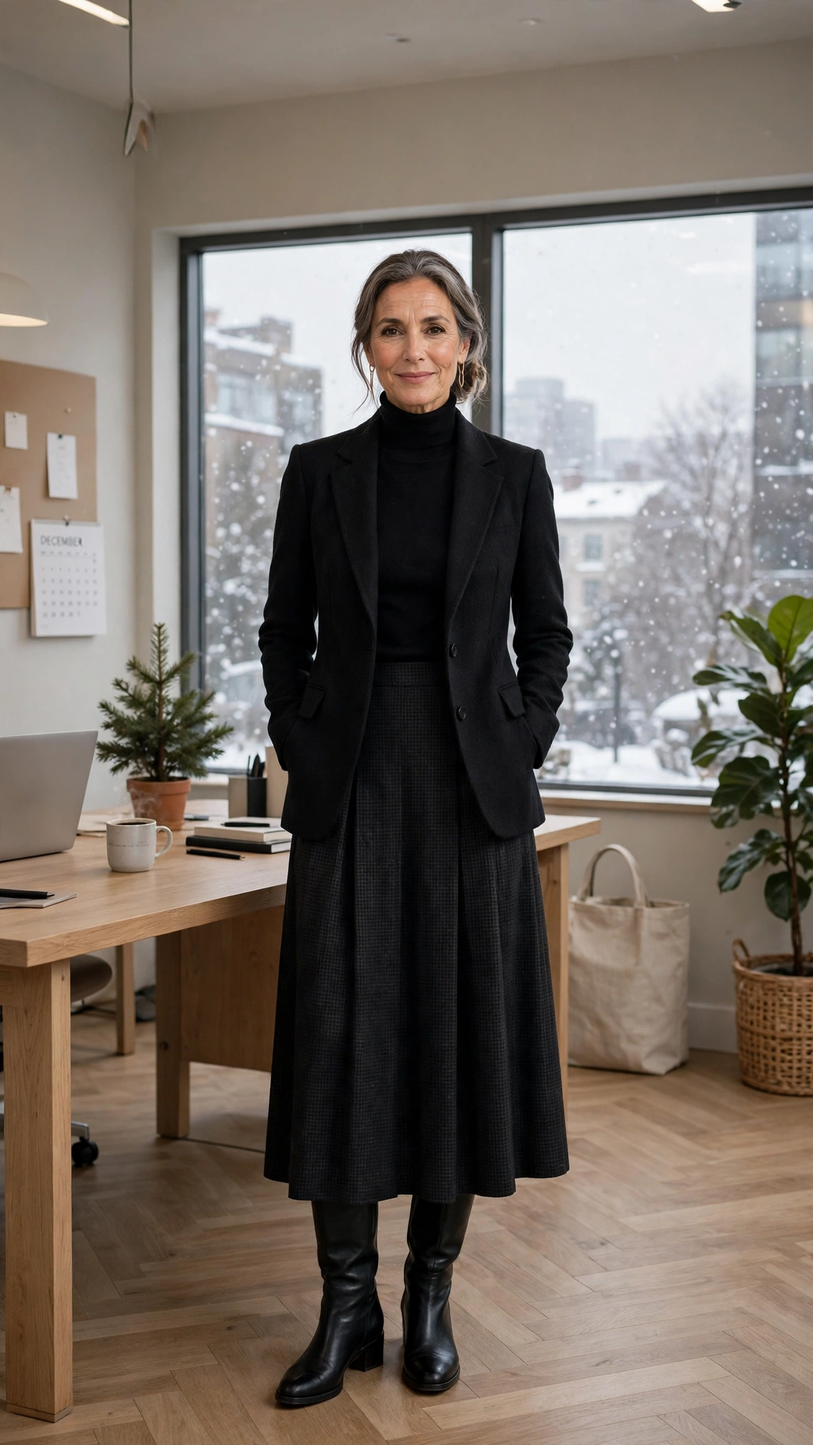Black turtleneck, midi skirt with a structured jacket and knee-high boots