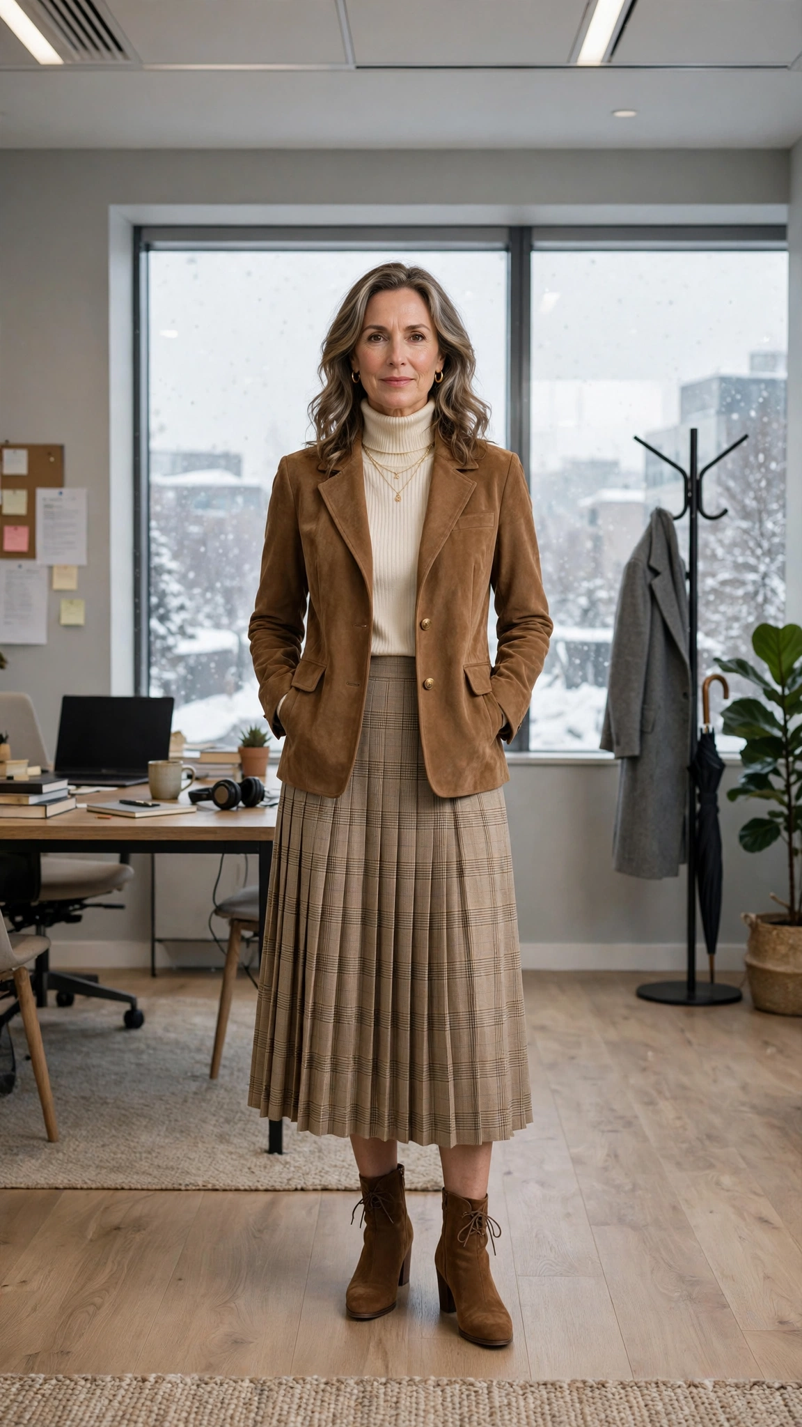 Cream turtleneck, midi skirt with a structured jacket and suede ankle boots