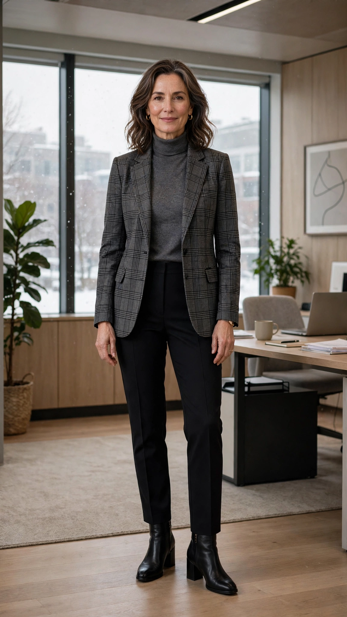 Charcoal turtleneck, black trousers with a checked blazer and block-heel ankle boots