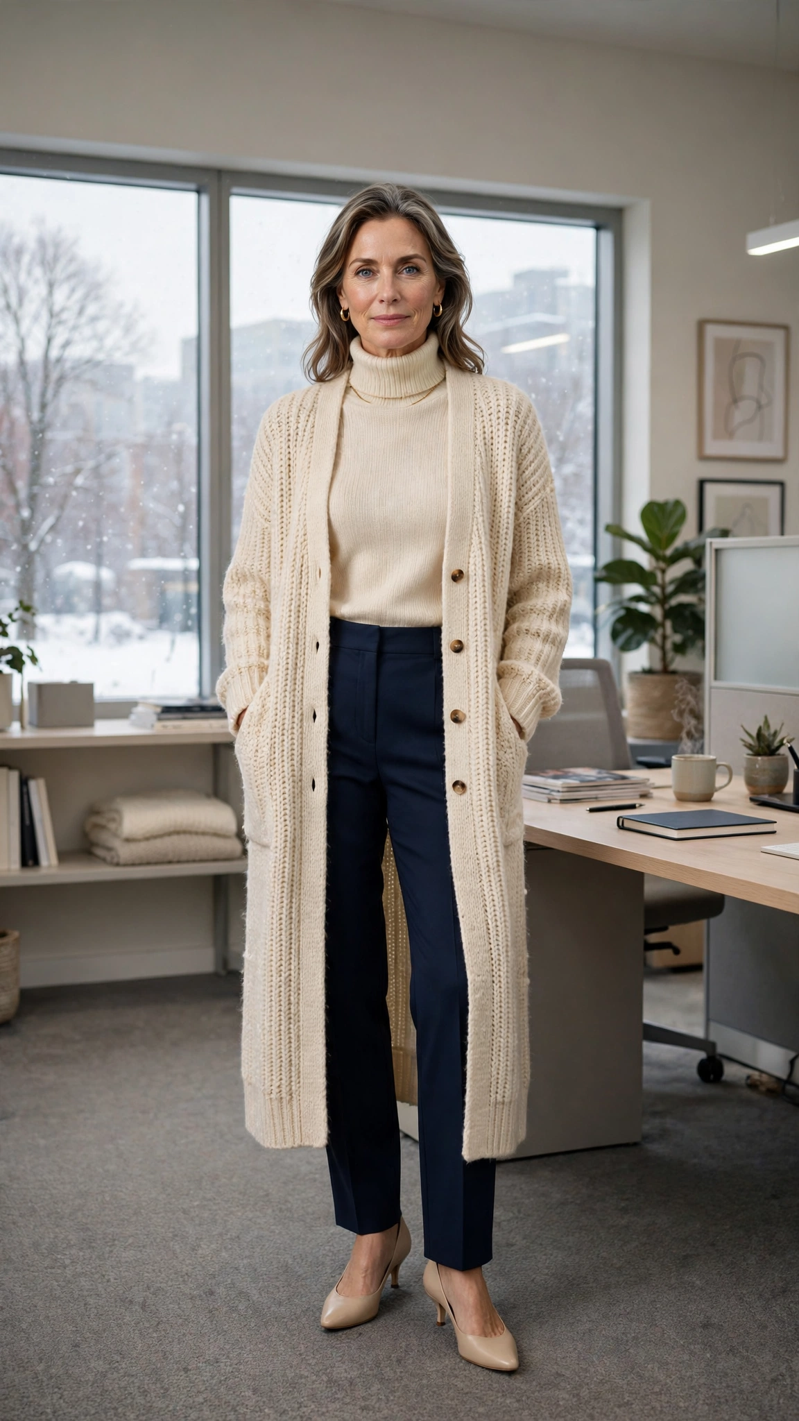 Cream turtleneck, navy trousers with a long cardigan and kitten heels