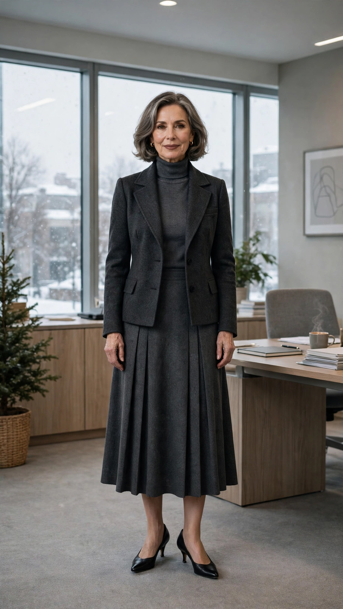 Charcoal turtleneck, midi skirt with a structured jacket and kitten heels